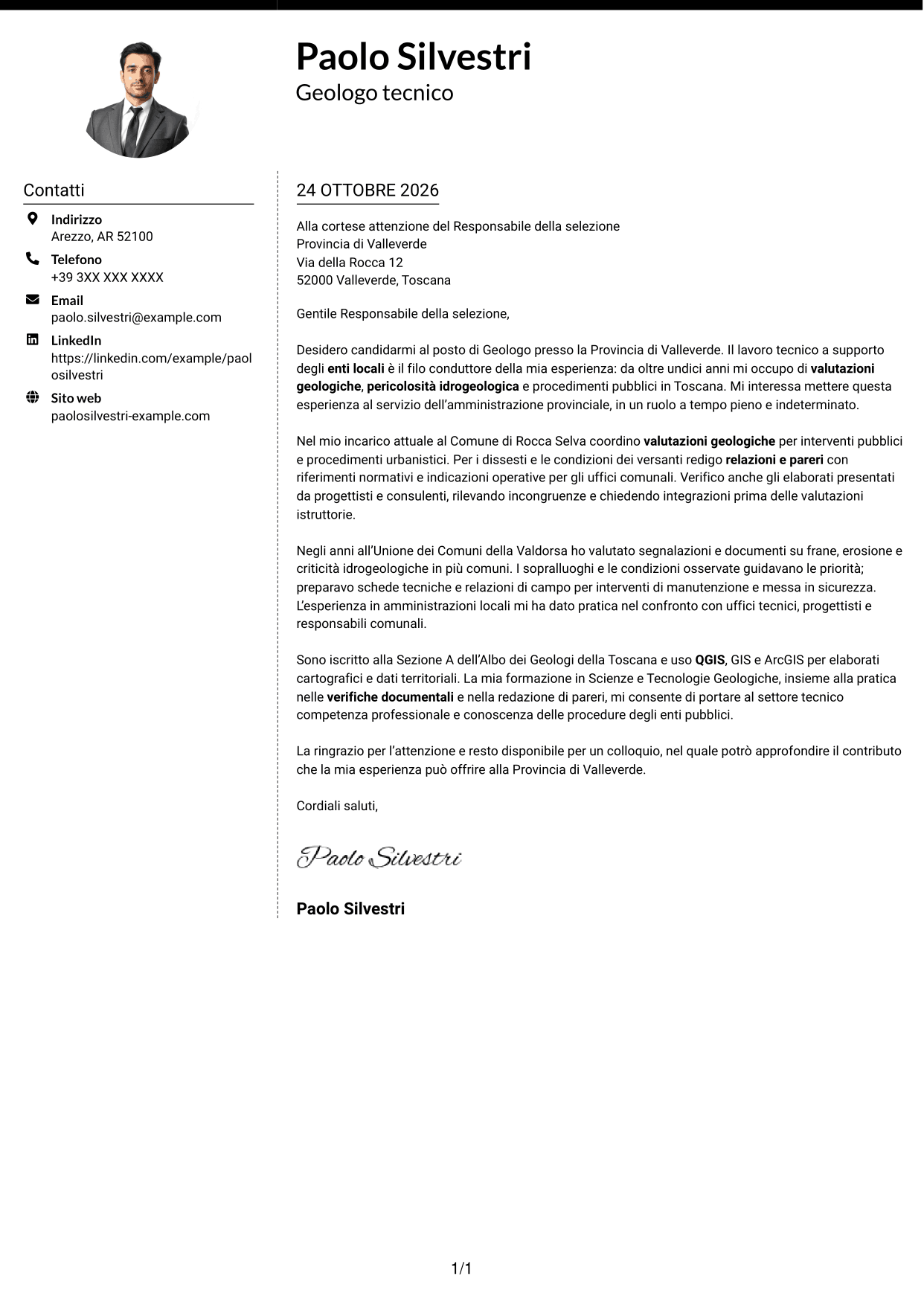 Lettera di presentazione Moderno (formato a due colonne con foto a sinistra e separatore): Geologo, pagina 1