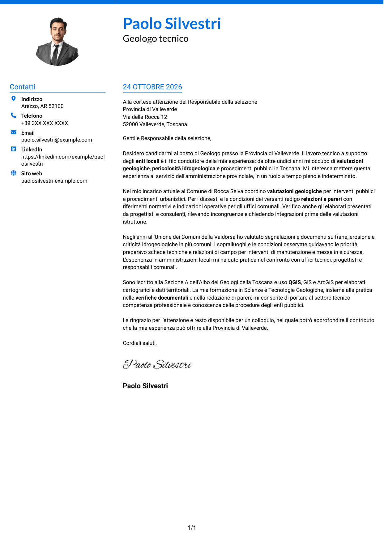 Lettera di presentazione Audace (formato a due colonne con accenti colorati e foto): Geologo, pagina 1