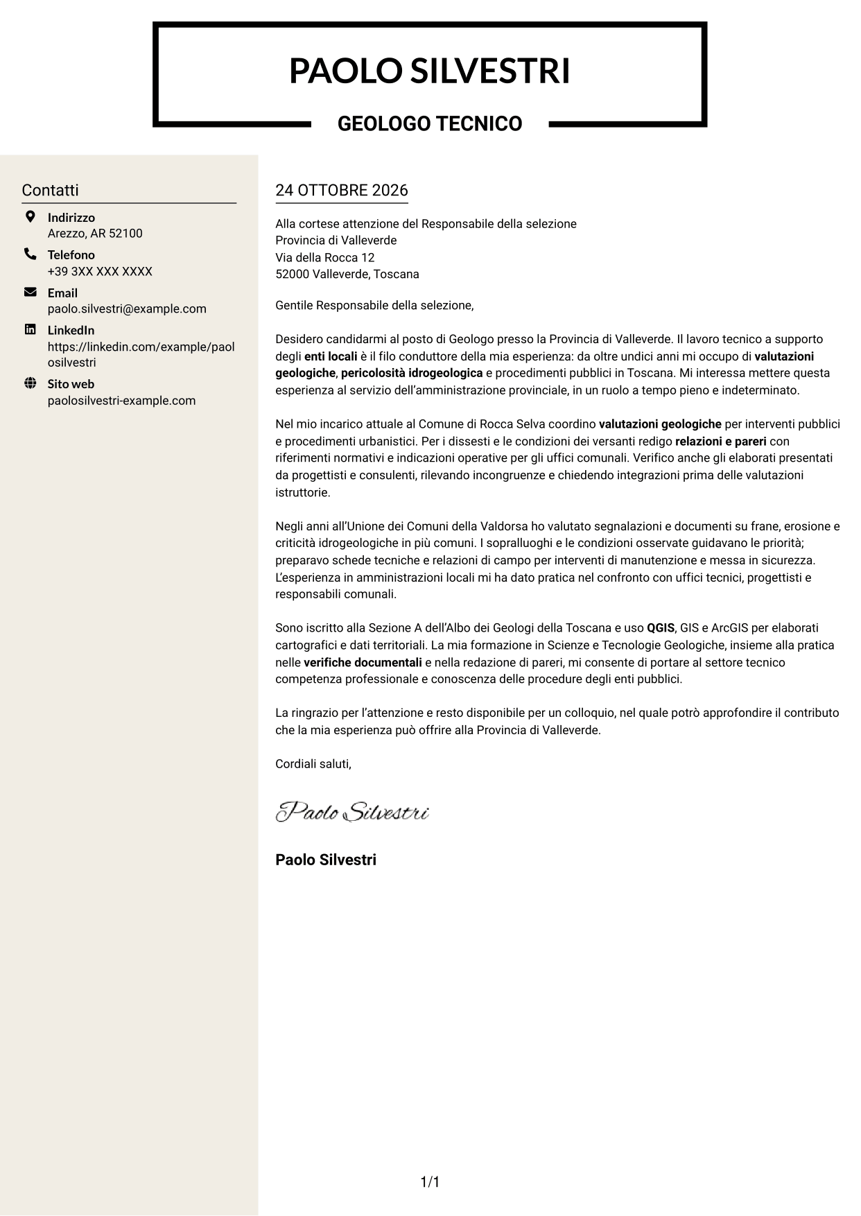 Lettera di presentazione Intraprendente (formato a due colonne con intestazione centrata senza foto): Geologo, pagina 1