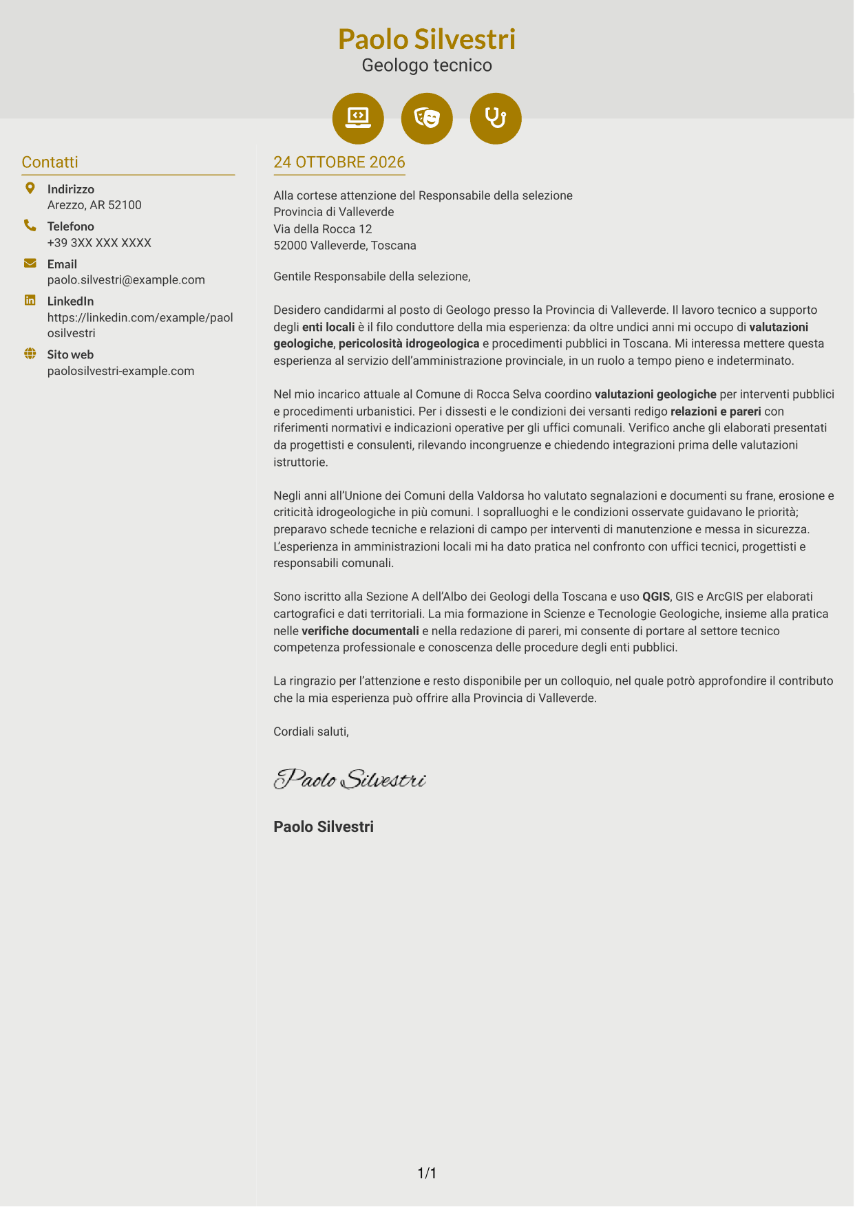 Lettera di presentazione Dinamico (formato a due colonne con icone): Geologo, pagina 1