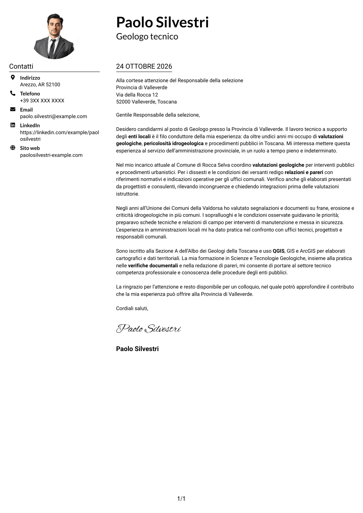 Esempio di lettera di presentazione — pagina 1