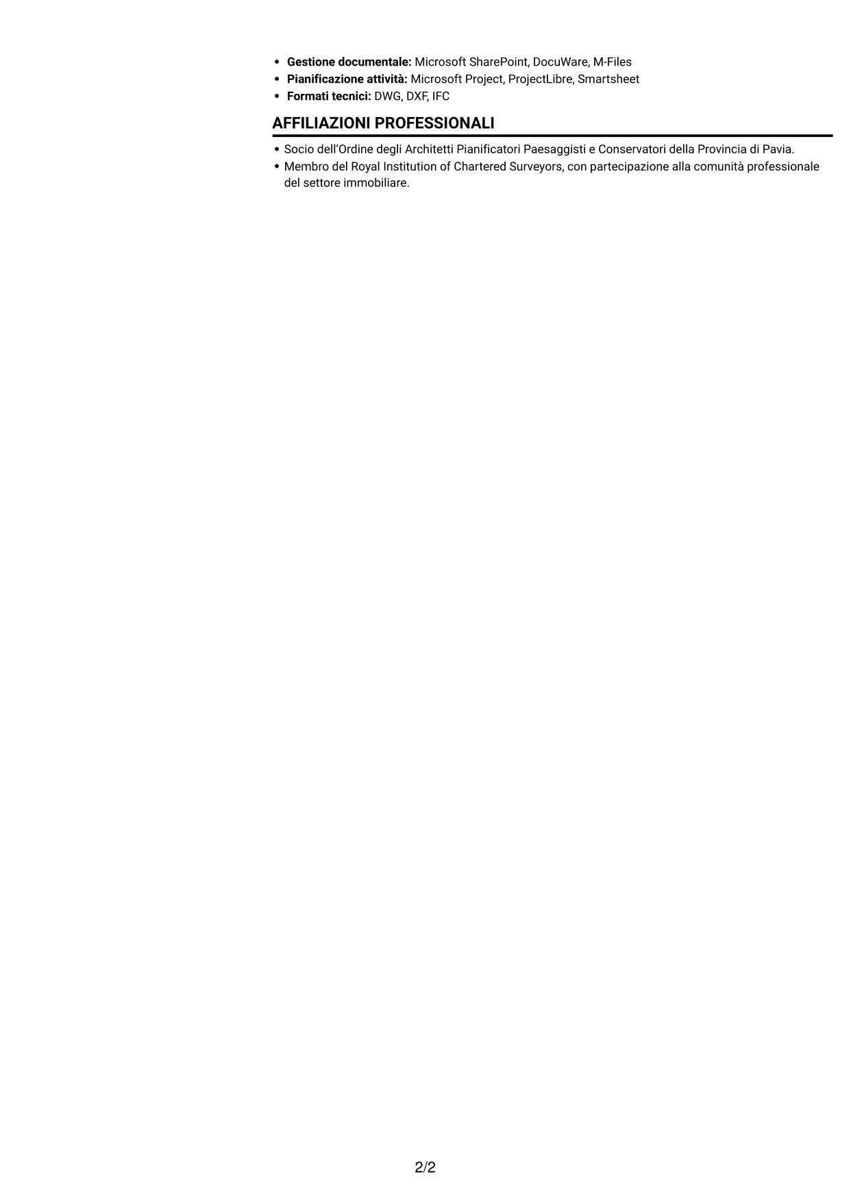 CV Compatto (formato sobrio a due colonne con foto): Geometra / Architetto - Due diligence immobiliare, pagina 2