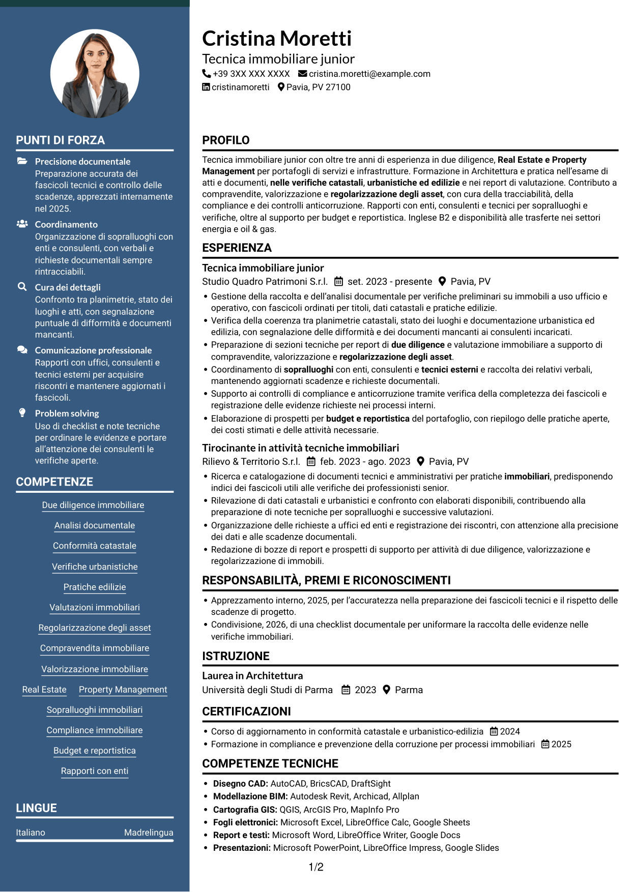 CV Elegante (formato con colonna laterale colorata e foto): Geometra / Architetto - Due diligence immobiliare, pagina 1
