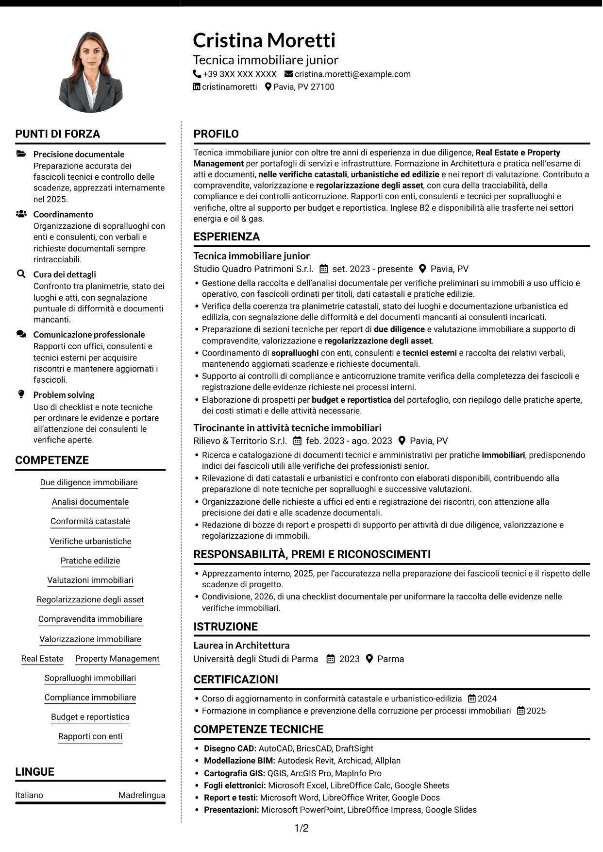 CV Moderno (formato a due colonne con foto a sinistra e separatore): Geometra / Architetto - Due diligence immobiliare, pagina 1