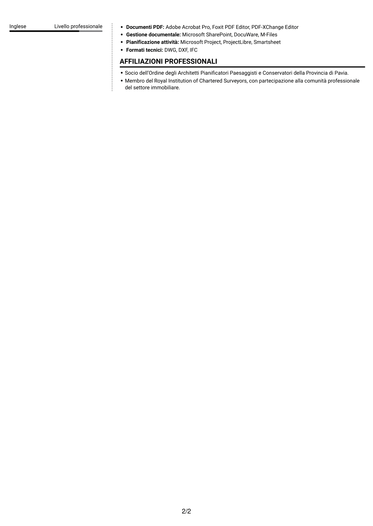 CV Moderno (formato a due colonne con foto a sinistra e separatore): Geometra / Architetto - Due diligence immobiliare, pagina 2