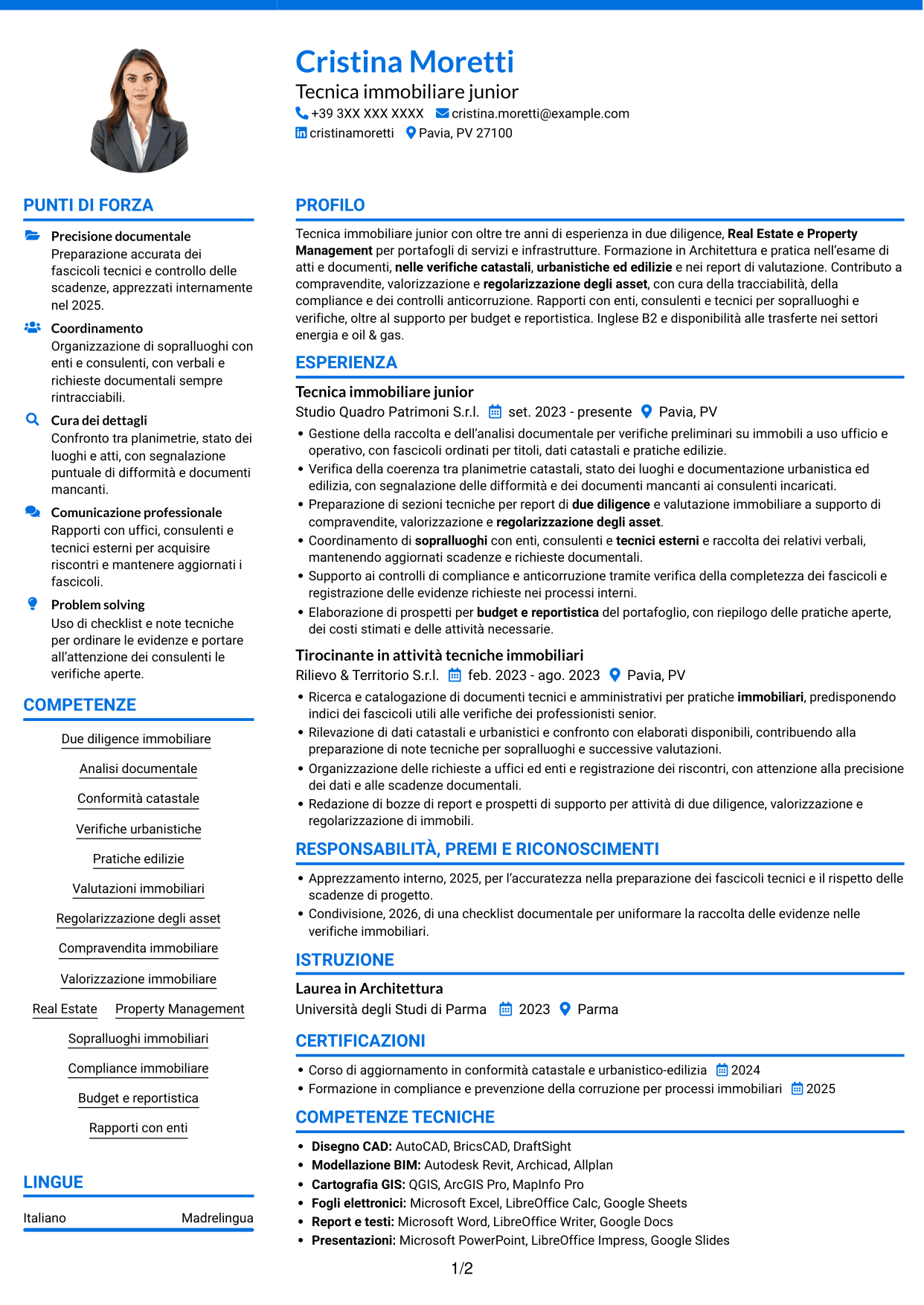 CV Audace (formato a due colonne con accenti colorati e foto): Geometra / Architetto - Due diligence immobiliare, pagina 1