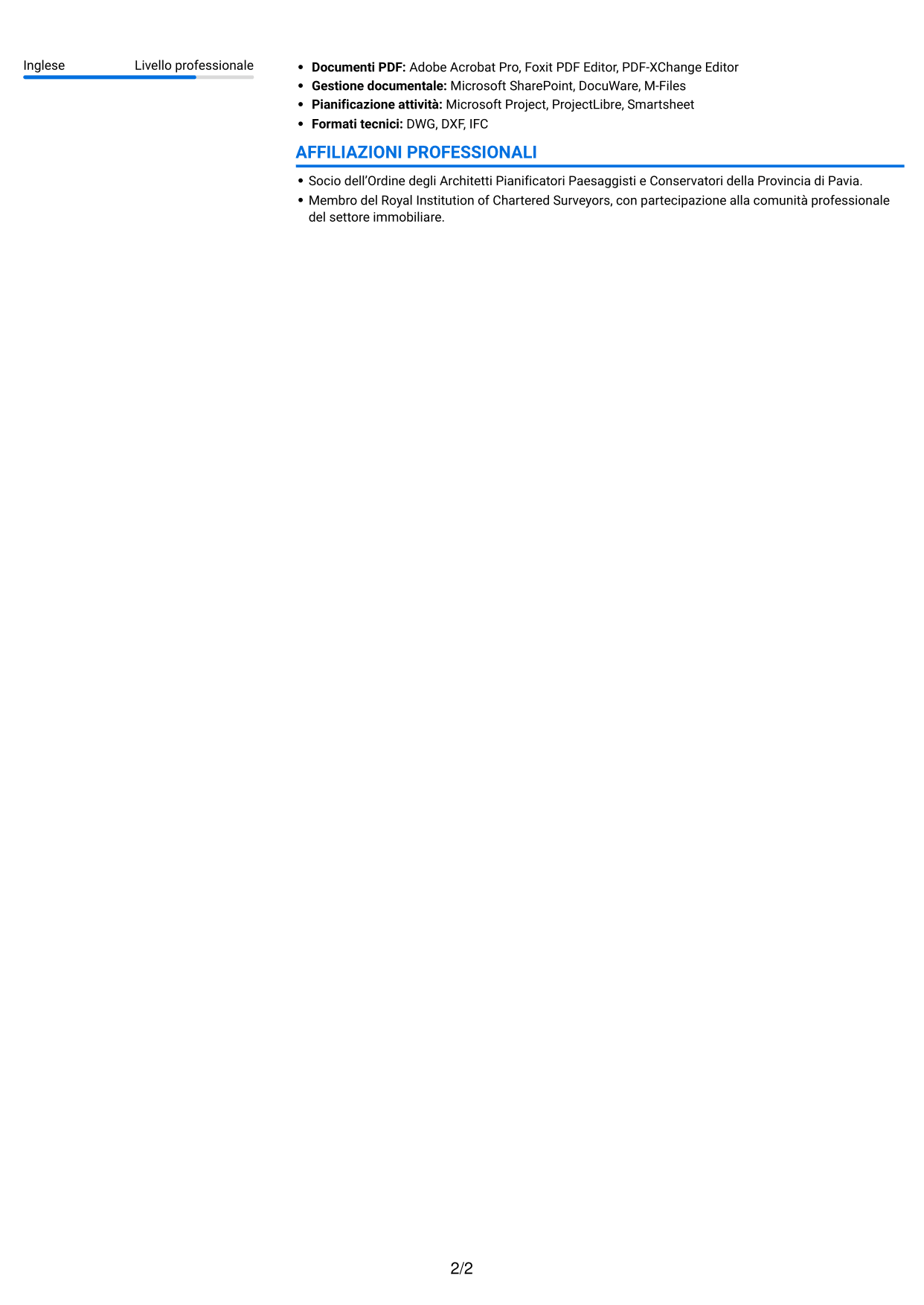 CV Audace (formato a due colonne con accenti colorati e foto): Geometra / Architetto - Due diligence immobiliare, pagina 2