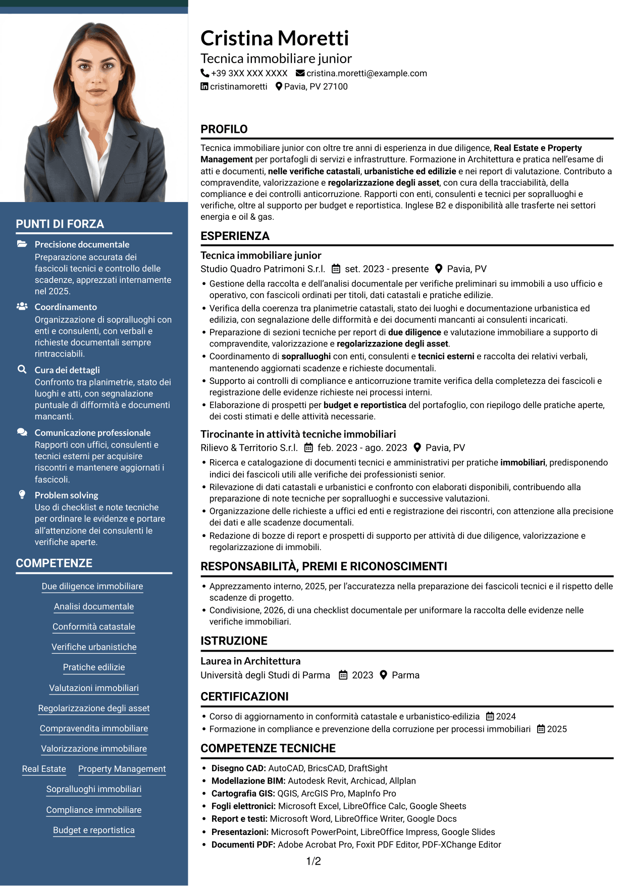 CV Signature (formato con colonna laterale colorata e foto grande): Geometra / Architetto - Due diligence immobiliare, pagina 1