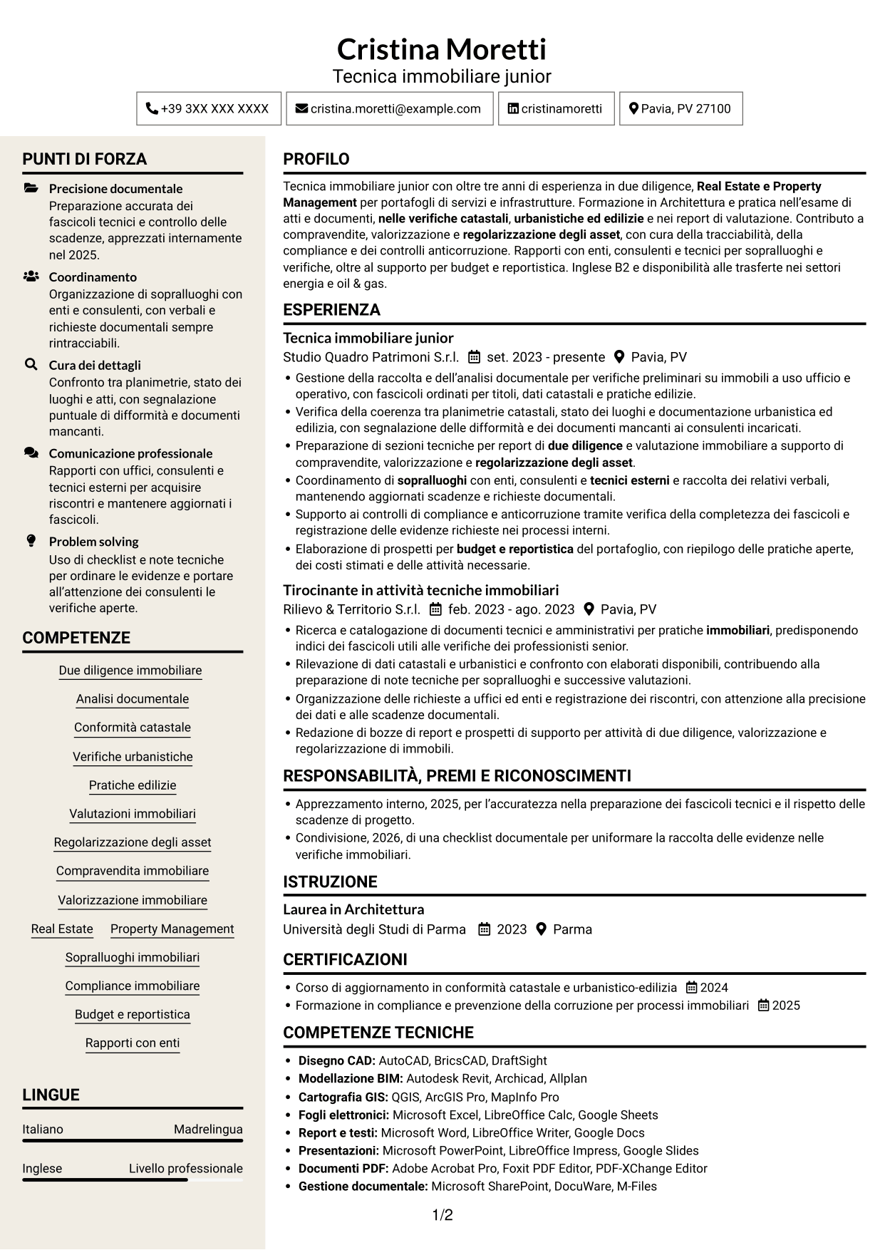 CV Intraprendente (formato a due colonne con intestazione centrata senza foto): Geometra / Architetto - Due diligence immobiliare, pagina 1