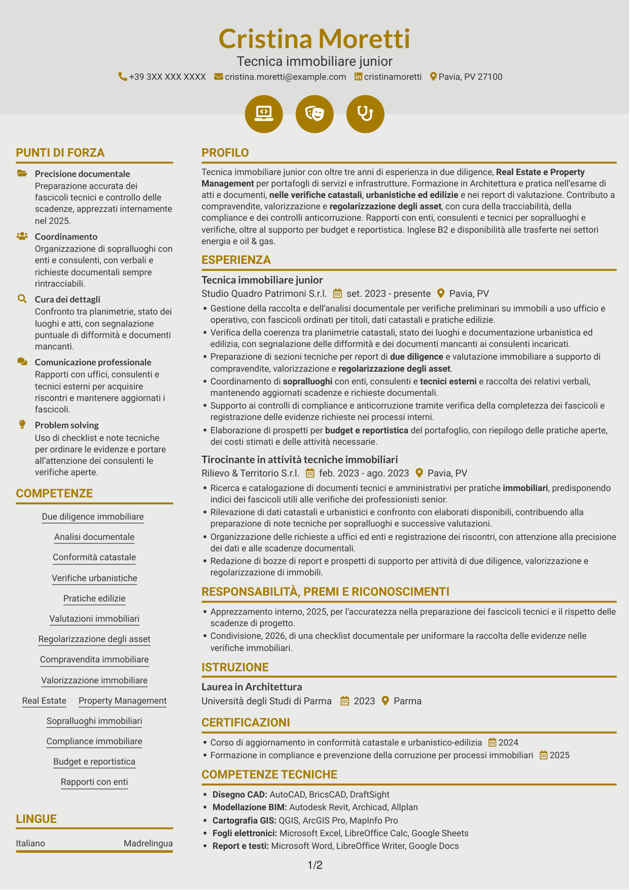 CV Dinamico (formato a due colonne con icone): Geometra / Architetto - Due diligence immobiliare, pagina 1