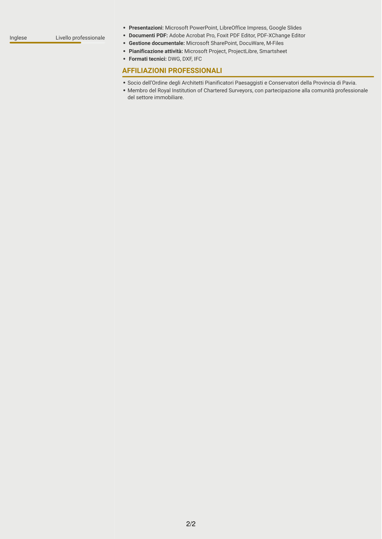 CV Dinamico (formato a due colonne con icone): Geometra / Architetto - Due diligence immobiliare, pagina 2
