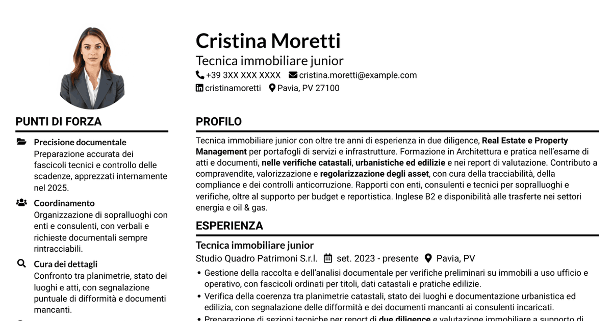 7 modelli di CV per Geometra / Architetto - Due diligence immobiliare, con esempi