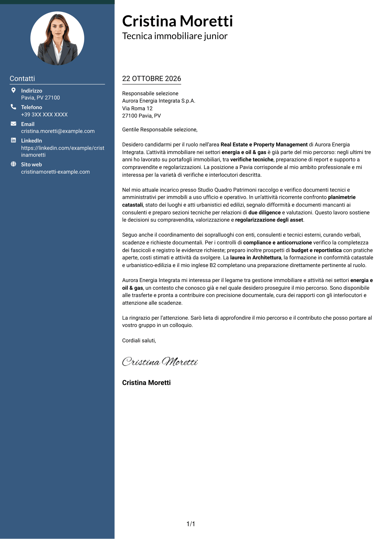 Lettera di presentazione Elegante (formato con colonna laterale colorata e foto): Geometra / Architetto - Due diligence immobiliare, pagina 1