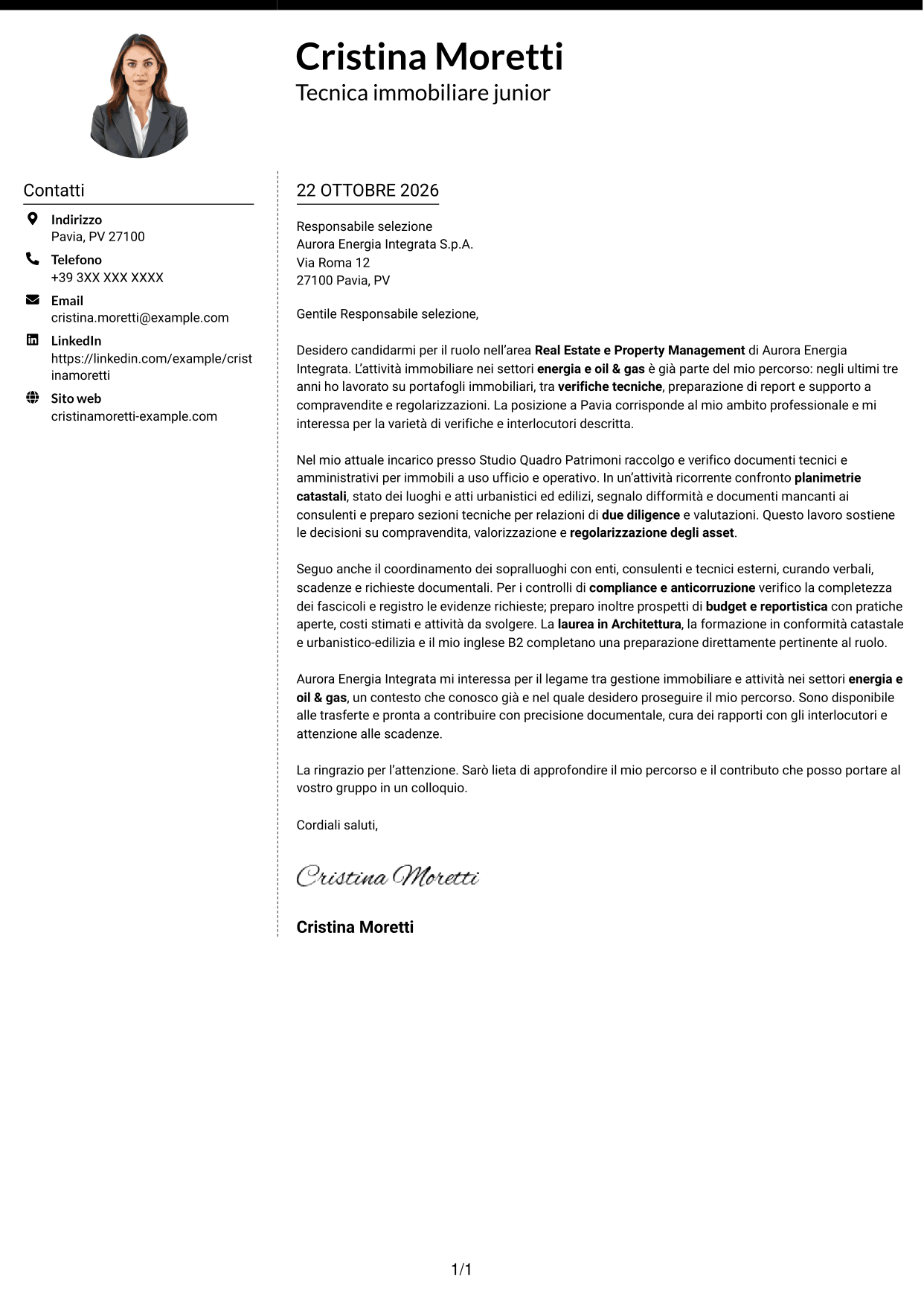 Lettera di presentazione Moderno (formato a due colonne con foto a sinistra e separatore): Geometra / Architetto - Due diligence immobiliare, pagina 1