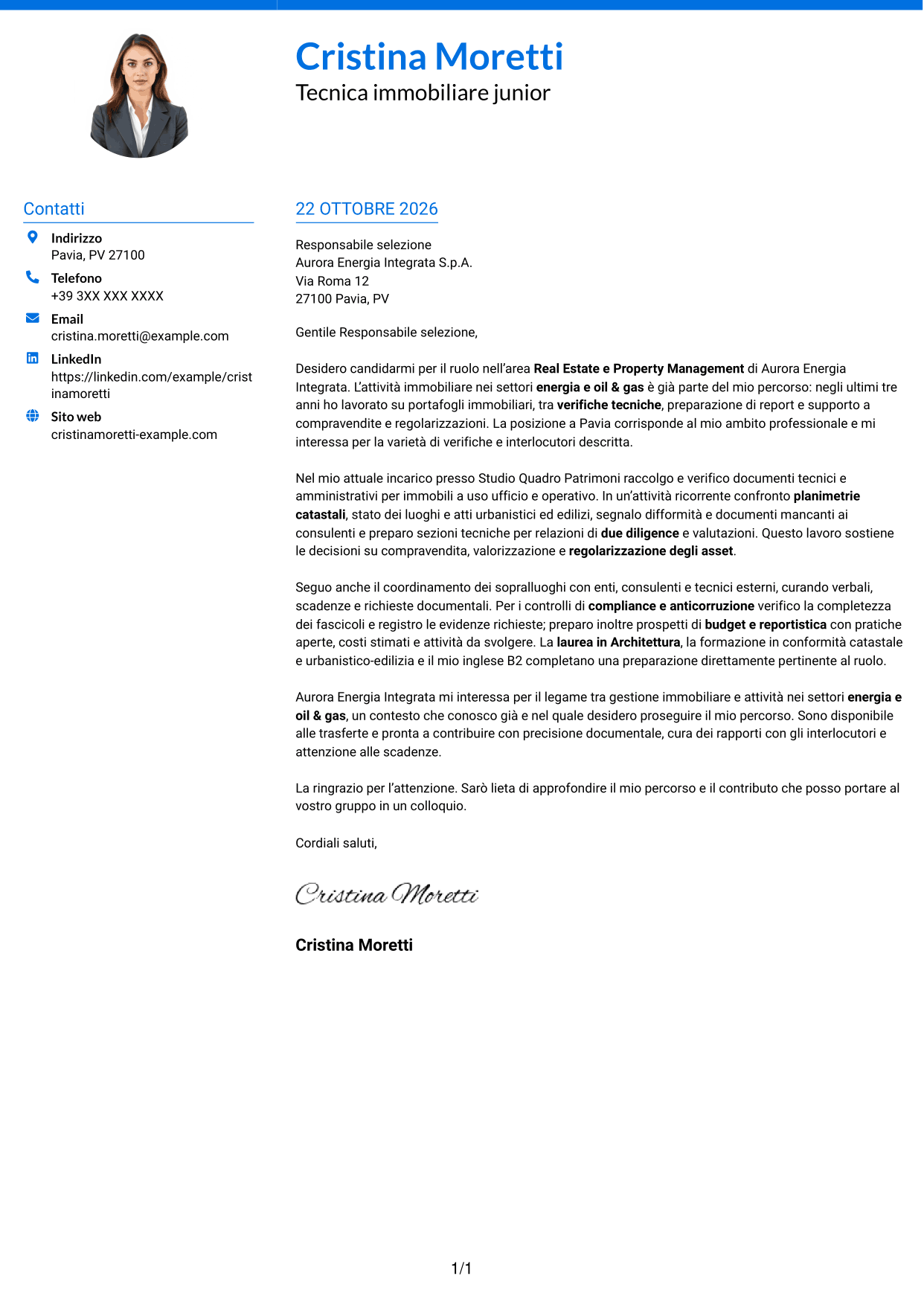 Lettera di presentazione Audace (formato a due colonne con accenti colorati e foto): Geometra / Architetto - Due diligence immobiliare, pagina 1