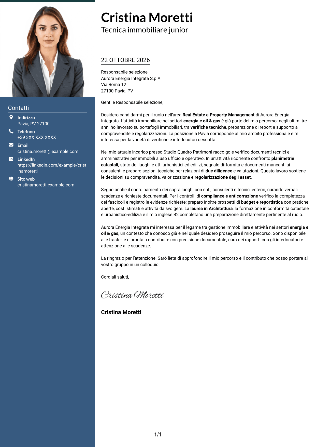 Lettera di presentazione Signature (formato con colonna laterale colorata e foto grande): Geometra / Architetto - Due diligence immobiliare, pagina 1