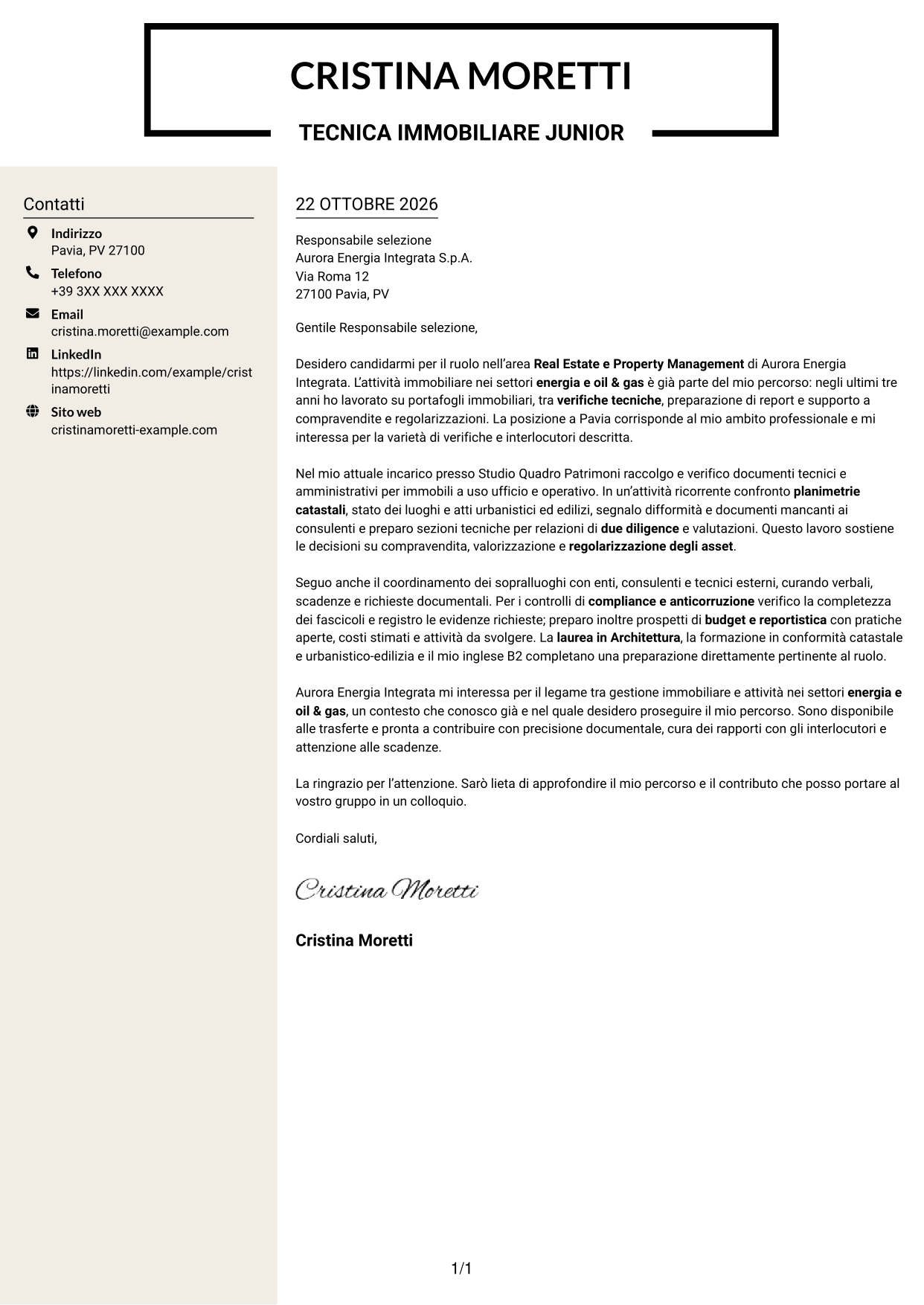 Lettera di presentazione Intraprendente (formato a due colonne con intestazione centrata senza foto): Geometra / Architetto - Due diligence immobiliare, pagina 1