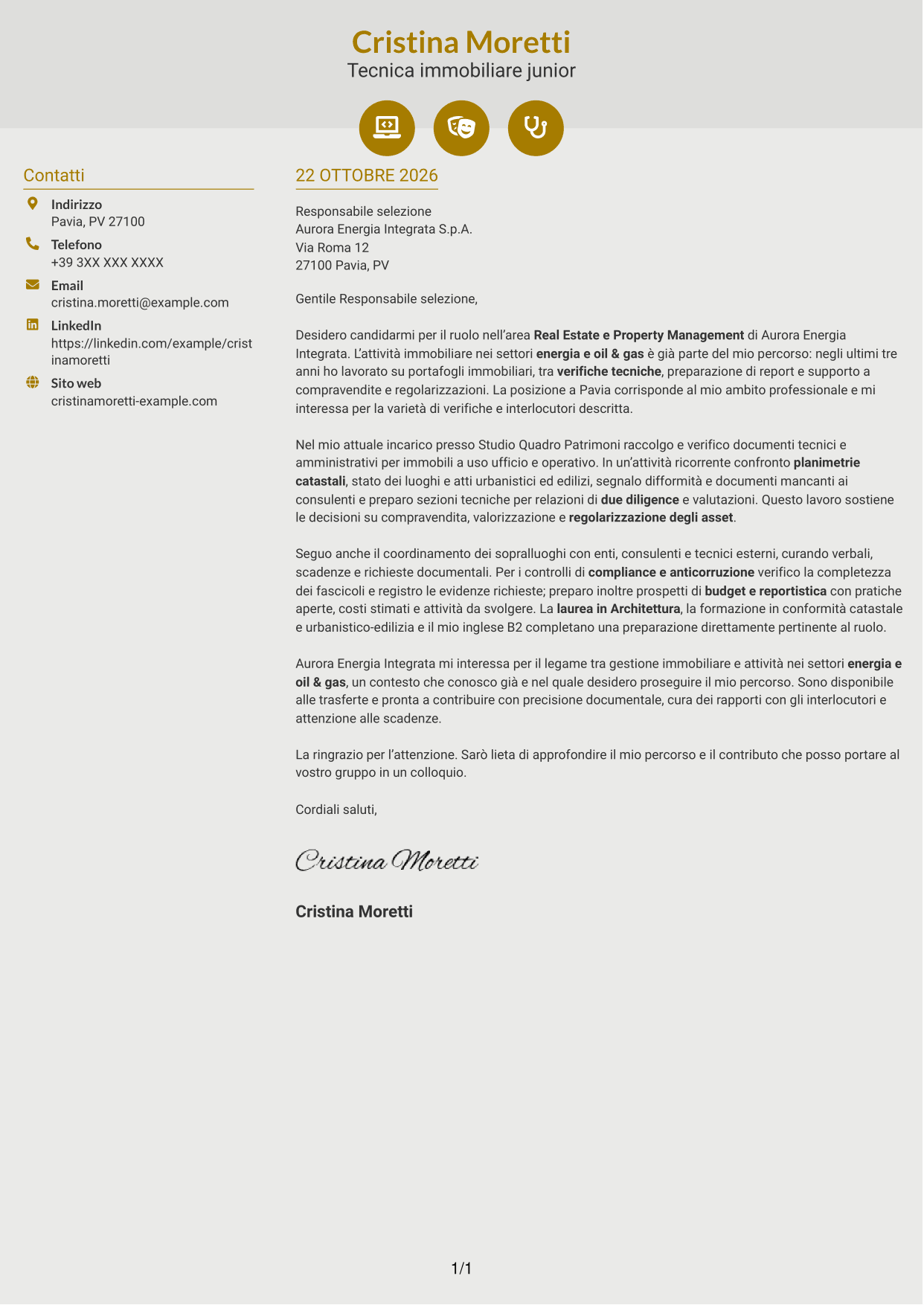 Lettera di presentazione Dinamico (formato a due colonne con icone): Geometra / Architetto - Due diligence immobiliare, pagina 1
