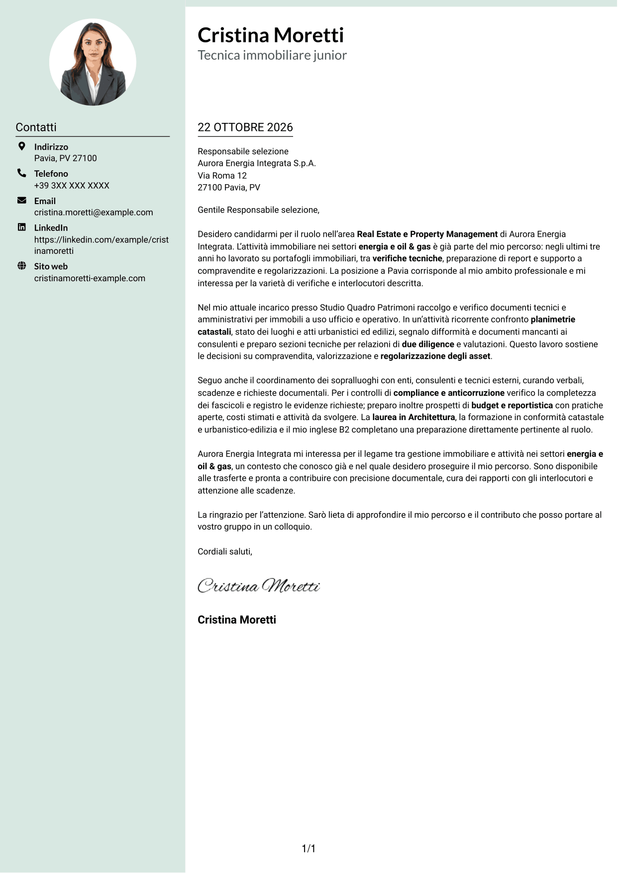 Lettera di presentazione Dirigente (formato con colonna laterale tenue e foto arrotondata): Geometra / Architetto - Due diligence immobiliare, pagina 1