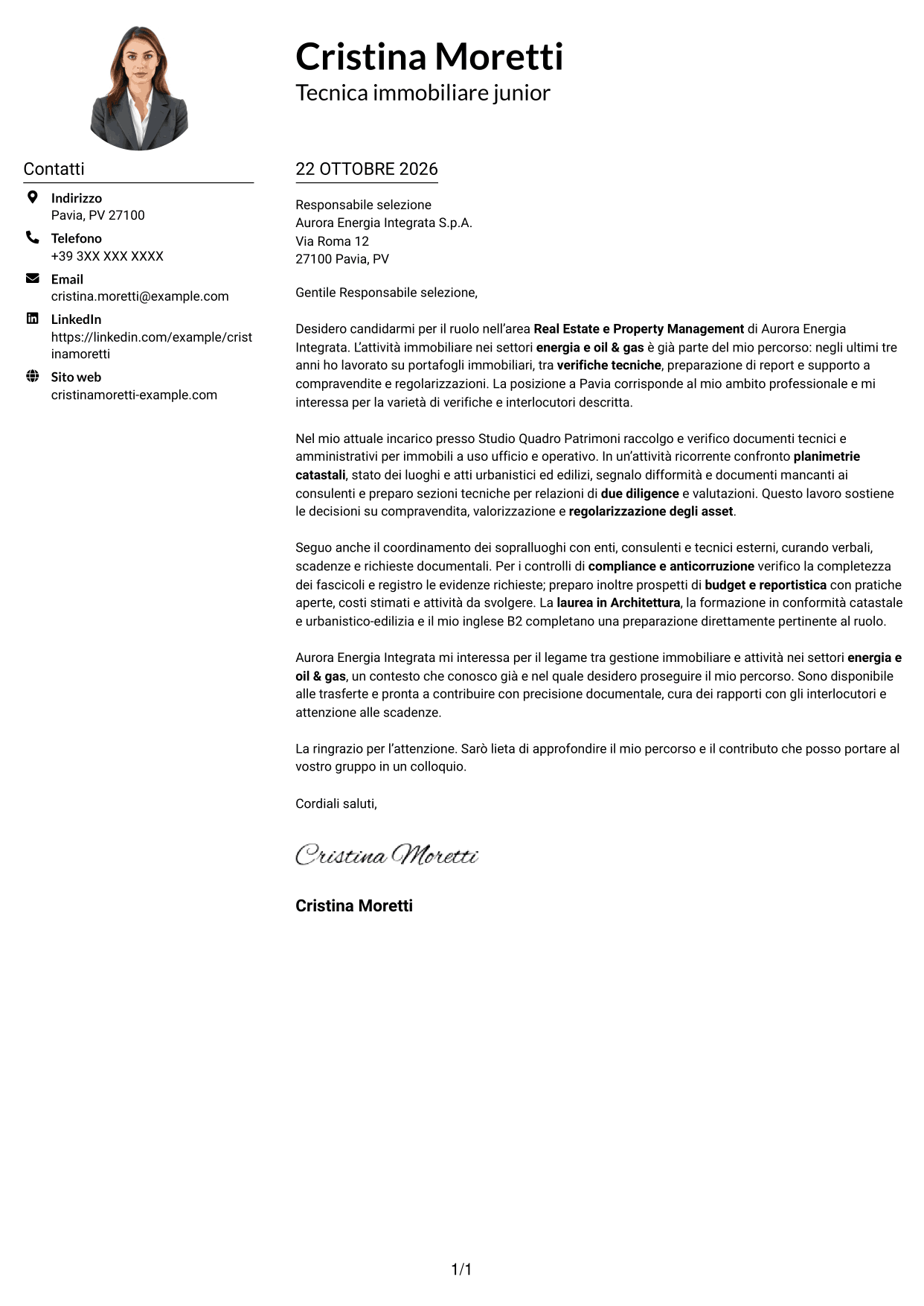 Esempio di lettera di presentazione — pagina 1
