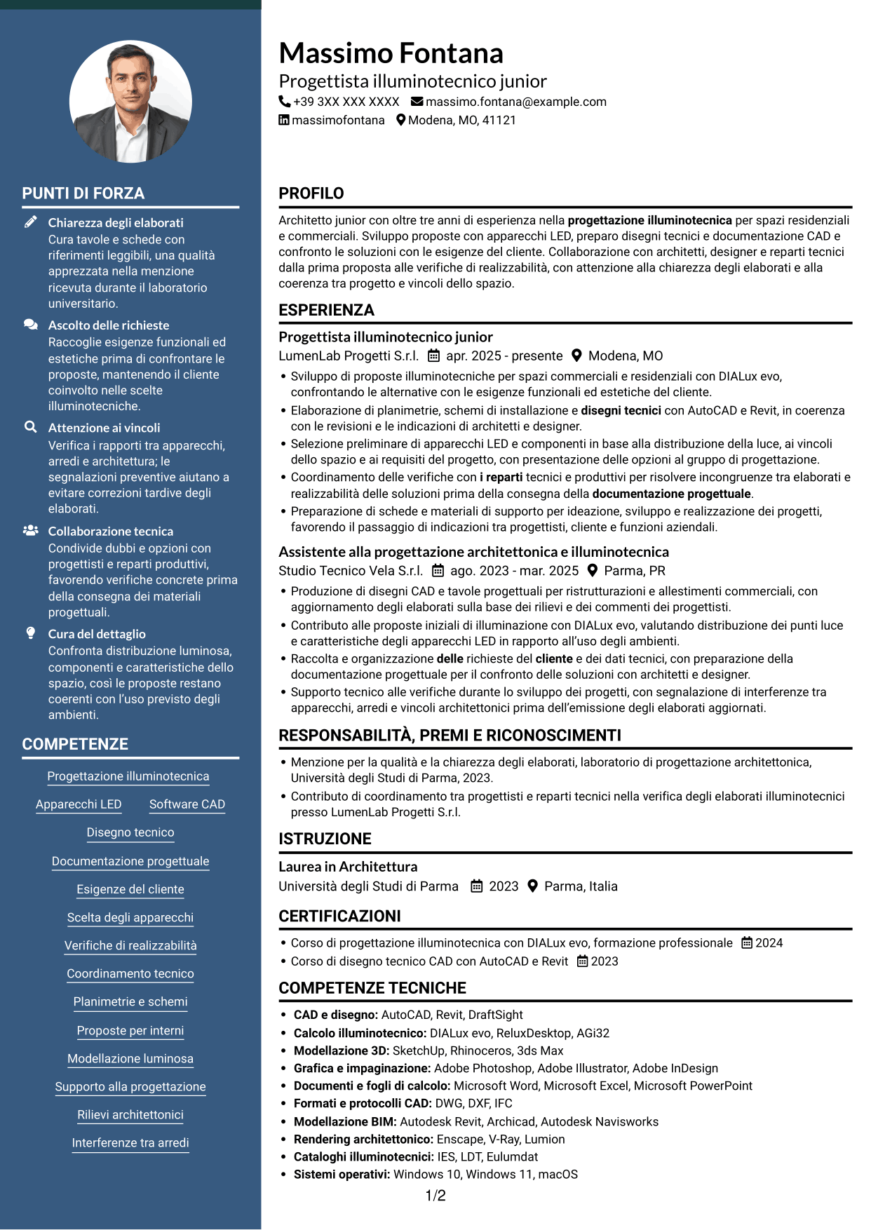 CV Elegante (formato con colonna laterale colorata e foto): Geometra / Architetto Junior - Progettazione illuminotecnica, pagina 1