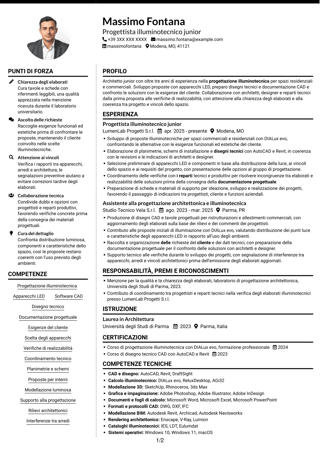CV Moderno (formato a due colonne con foto a sinistra e separatore): Geometra / Architetto Junior - Progettazione illuminotecnica, pagina 1