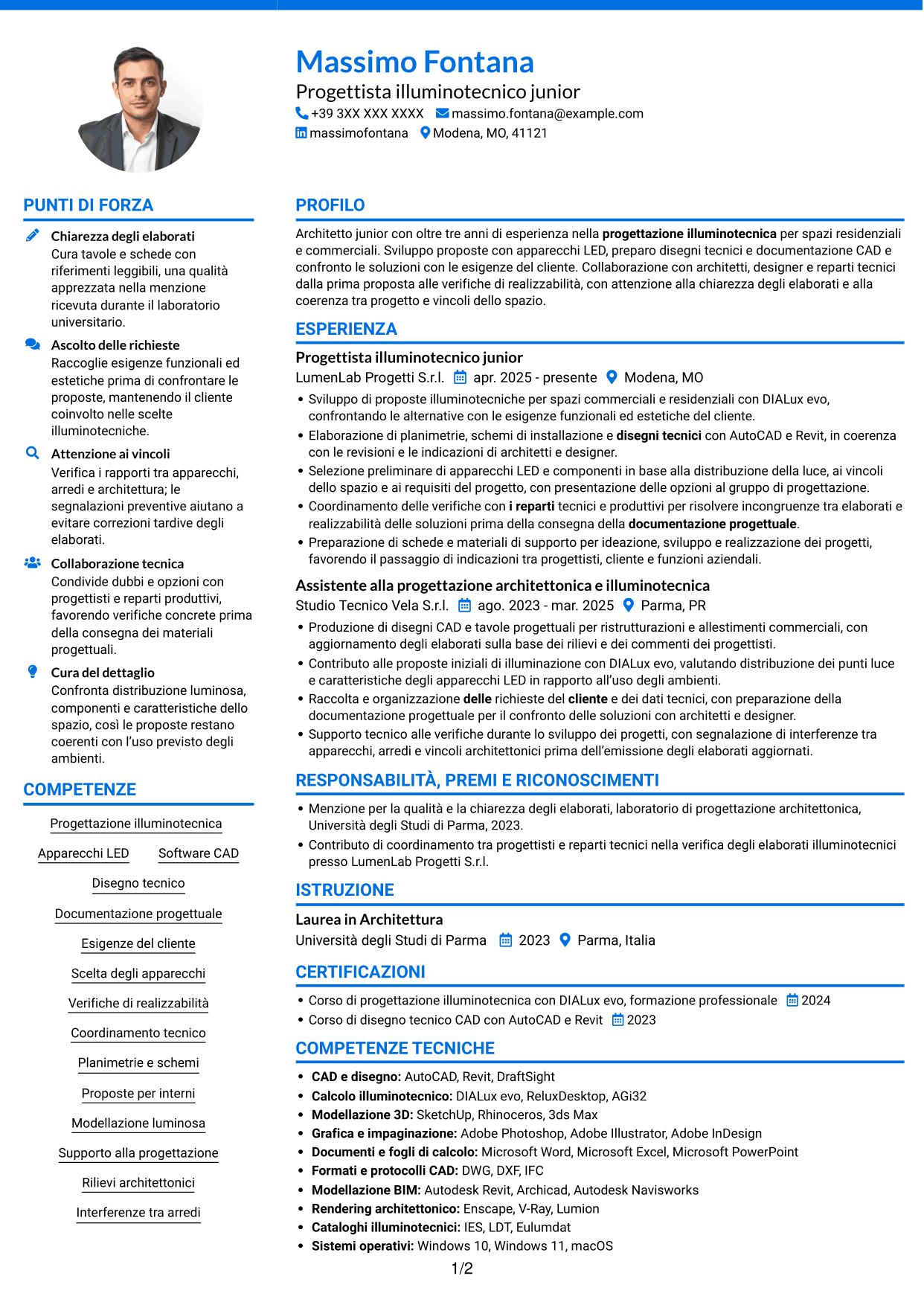 CV Audace (formato a due colonne con accenti colorati e foto): Geometra / Architetto Junior - Progettazione illuminotecnica, pagina 1