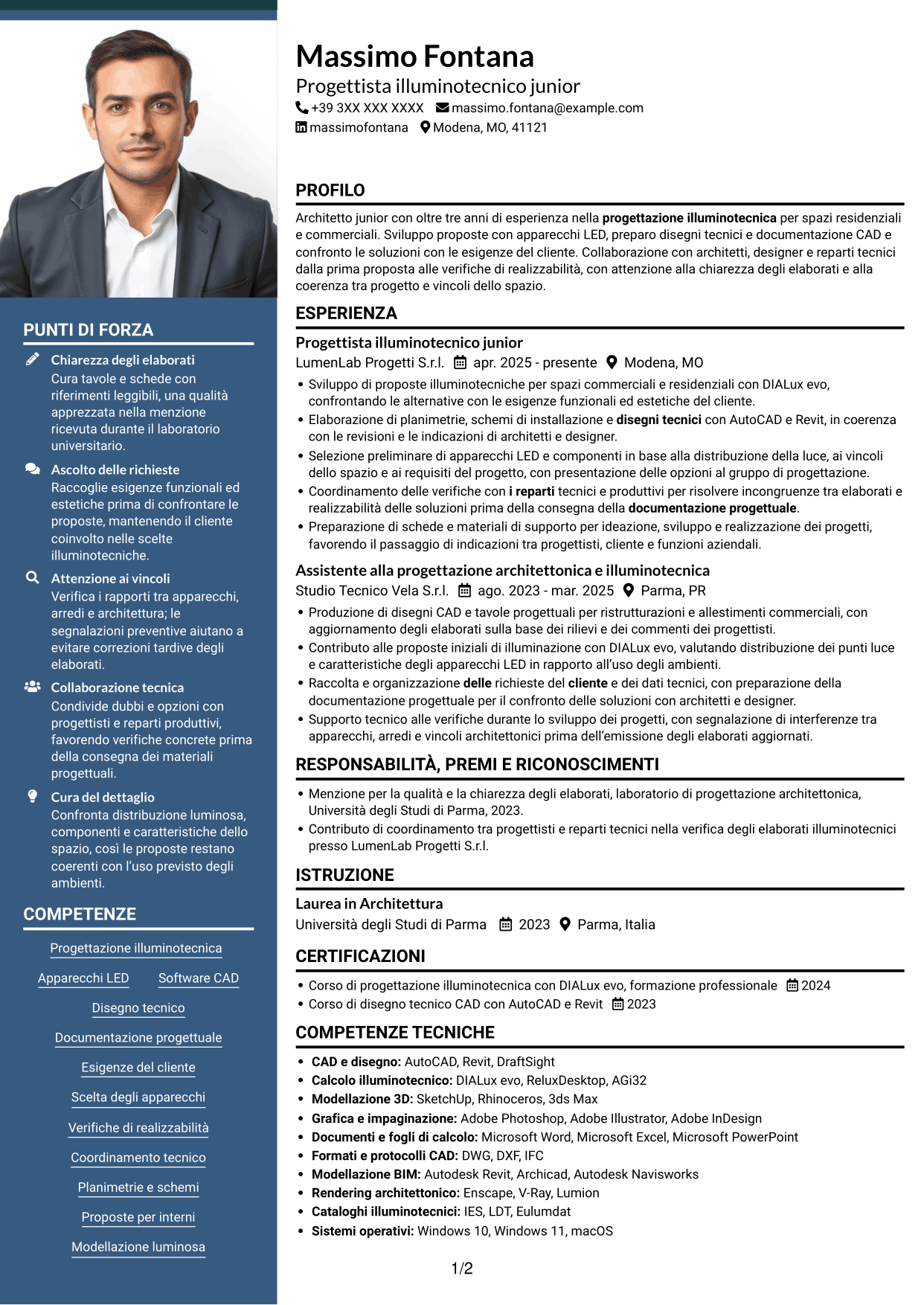 CV Signature (formato con colonna laterale colorata e foto grande): Geometra / Architetto Junior - Progettazione illuminotecnica, pagina 1