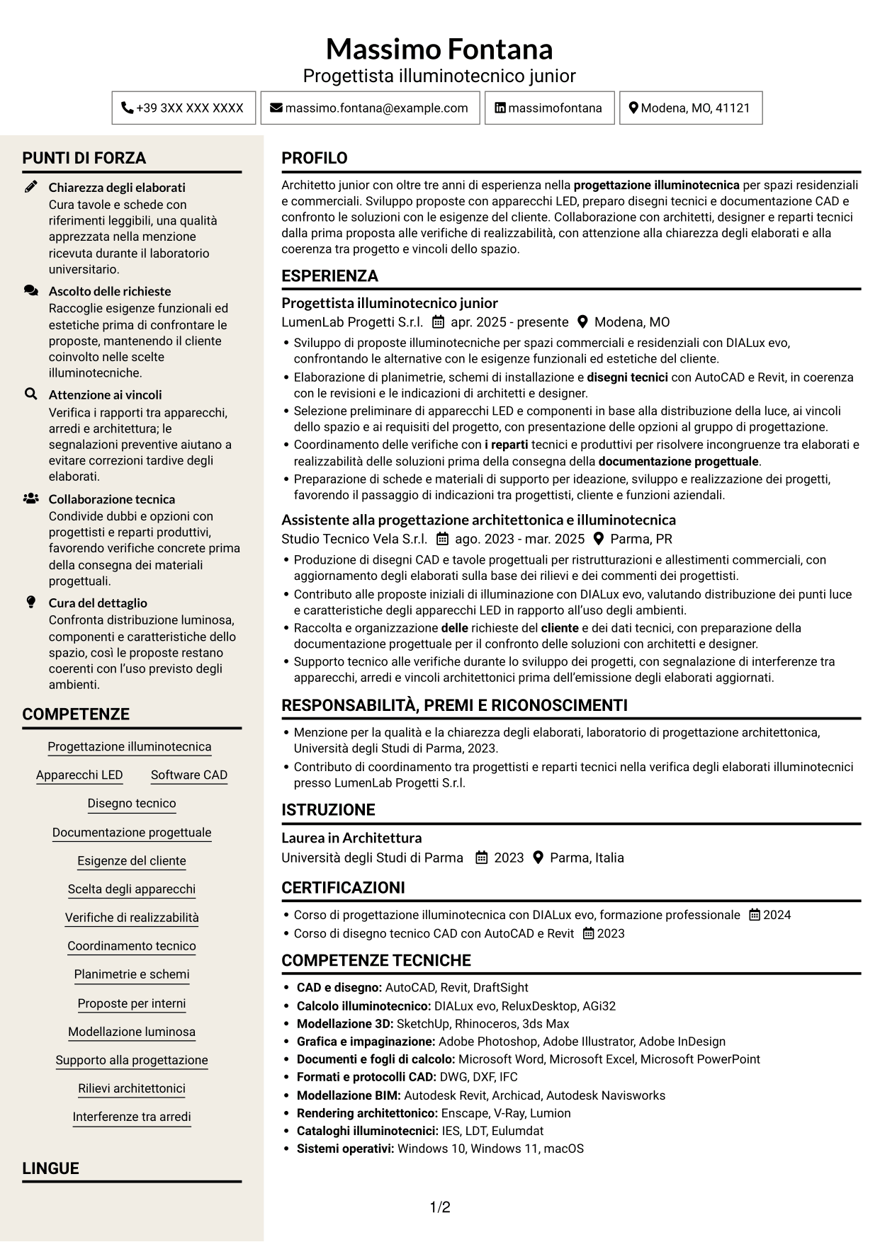 CV Intraprendente (formato a due colonne con intestazione centrata senza foto): Geometra / Architetto Junior - Progettazione illuminotecnica, pagina 1