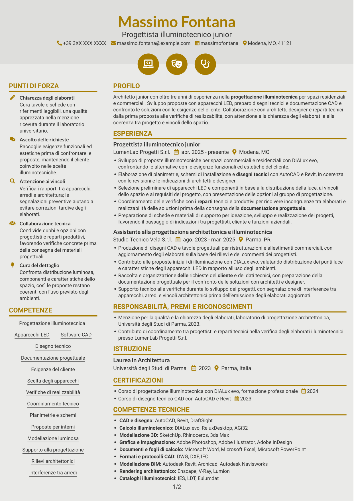 CV Dinamico (formato a due colonne con icone): Geometra / Architetto Junior - Progettazione illuminotecnica, pagina 1
