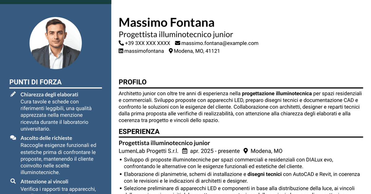 7 modelli di CV per Geometra / Architetto Junior - Progettazione illuminotecnica, con esempi