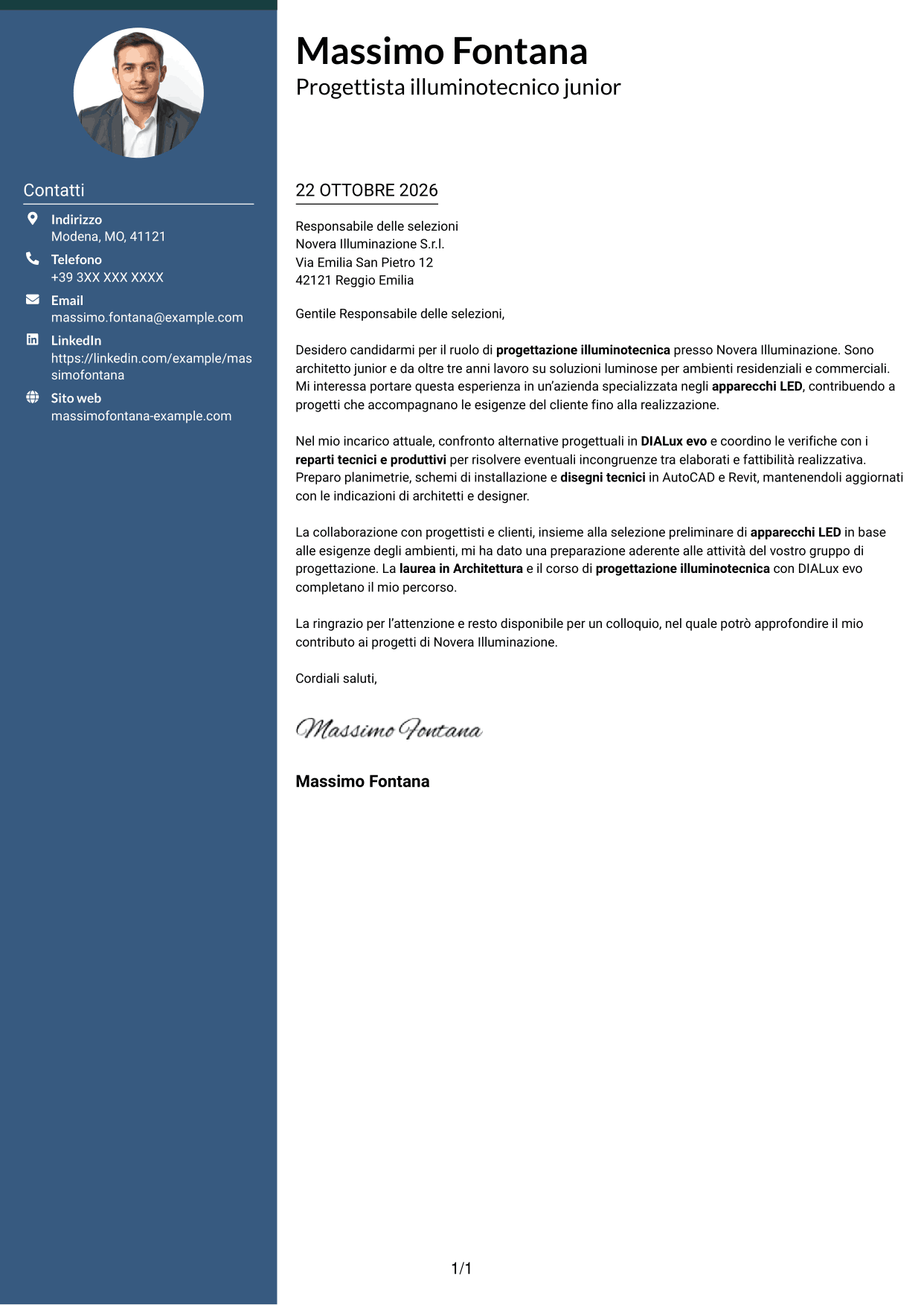 Lettera di presentazione Elegante (formato con colonna laterale colorata e foto): Geometra / Architetto Junior - Progettazione illuminotecnica, pagina 1