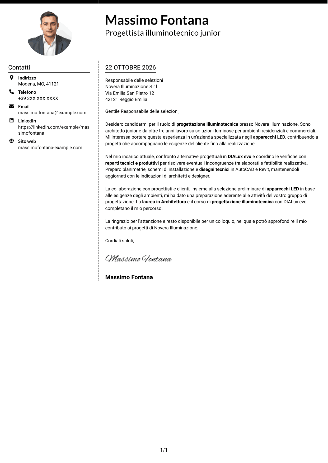Lettera di presentazione Moderno (formato a due colonne con foto a sinistra e separatore): Geometra / Architetto Junior - Progettazione illuminotecnica, pagina 1