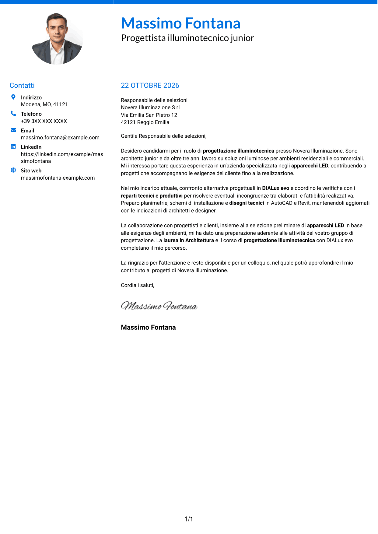 Lettera di presentazione Audace (formato a due colonne con accenti colorati e foto): Geometra / Architetto Junior - Progettazione illuminotecnica, pagina 1