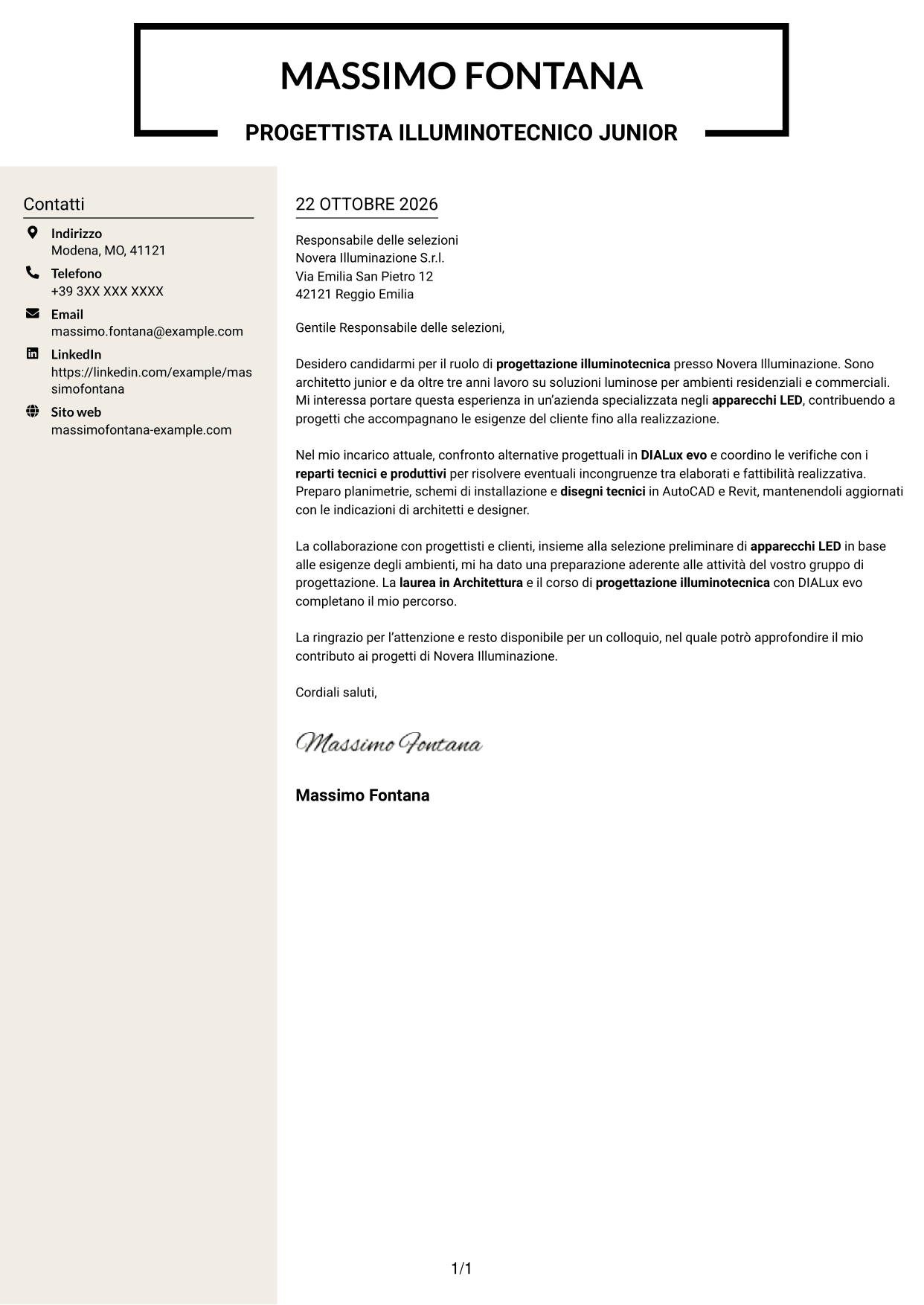 Lettera di presentazione Intraprendente (formato a due colonne con intestazione centrata senza foto): Geometra / Architetto Junior - Progettazione illuminotecnica, pagina 1