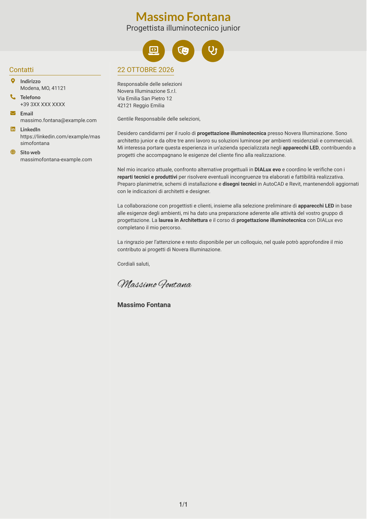 Lettera di presentazione Dinamico (formato a due colonne con icone): Geometra / Architetto Junior - Progettazione illuminotecnica, pagina 1