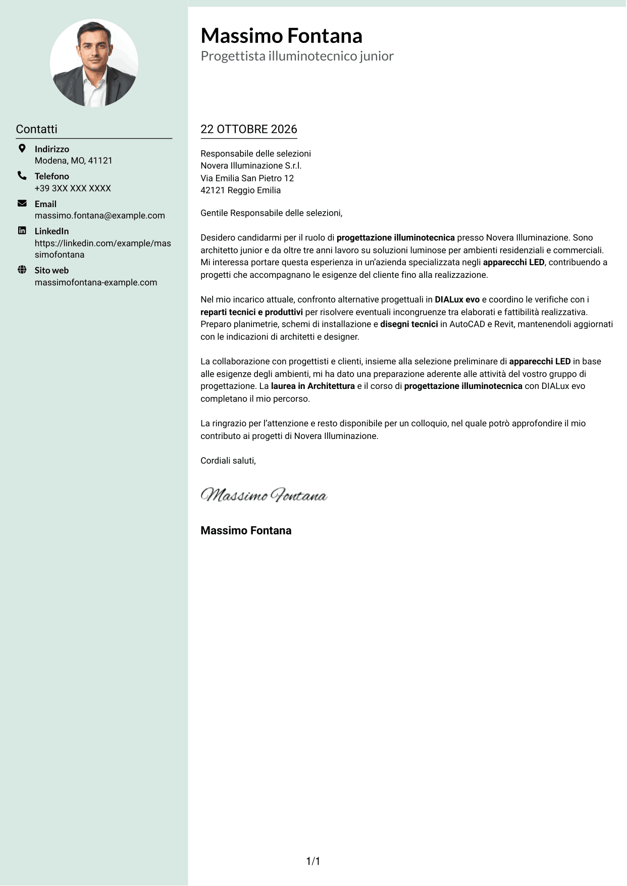 Lettera di presentazione Dirigente (formato con colonna laterale tenue e foto arrotondata): Geometra / Architetto Junior - Progettazione illuminotecnica, pagina 1