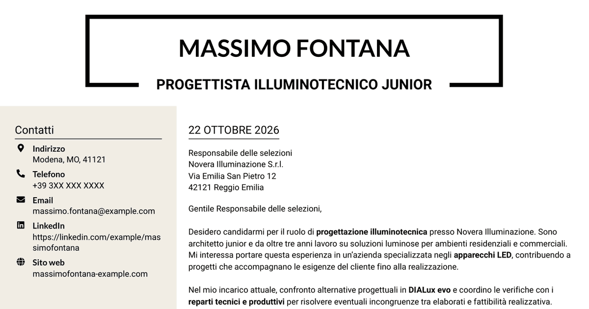7 modelli di lettera di presentazione per Geometra / Architetto Junior - Progettazione illuminotecnica, con esempi