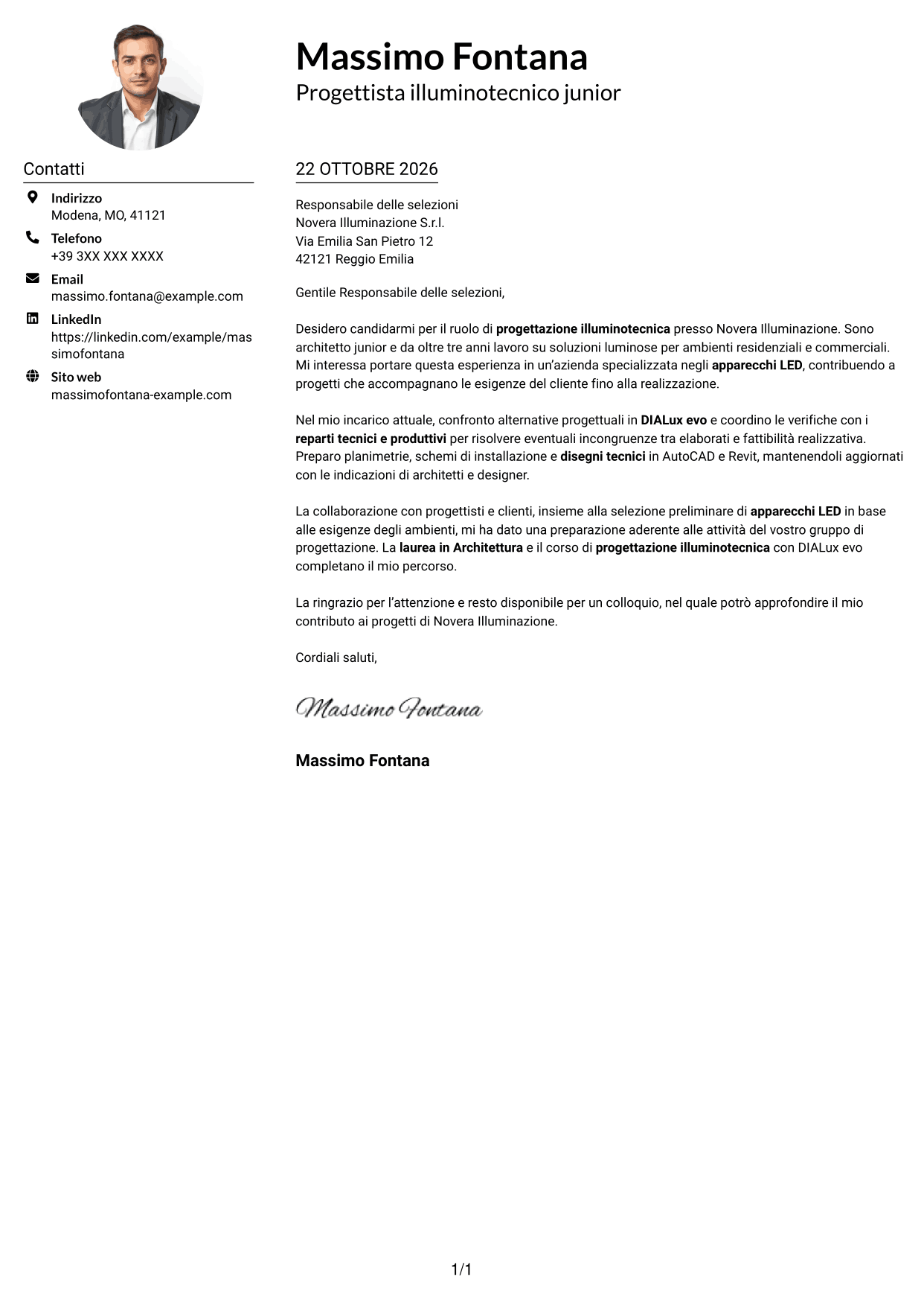 Esempio di lettera di presentazione — pagina 1