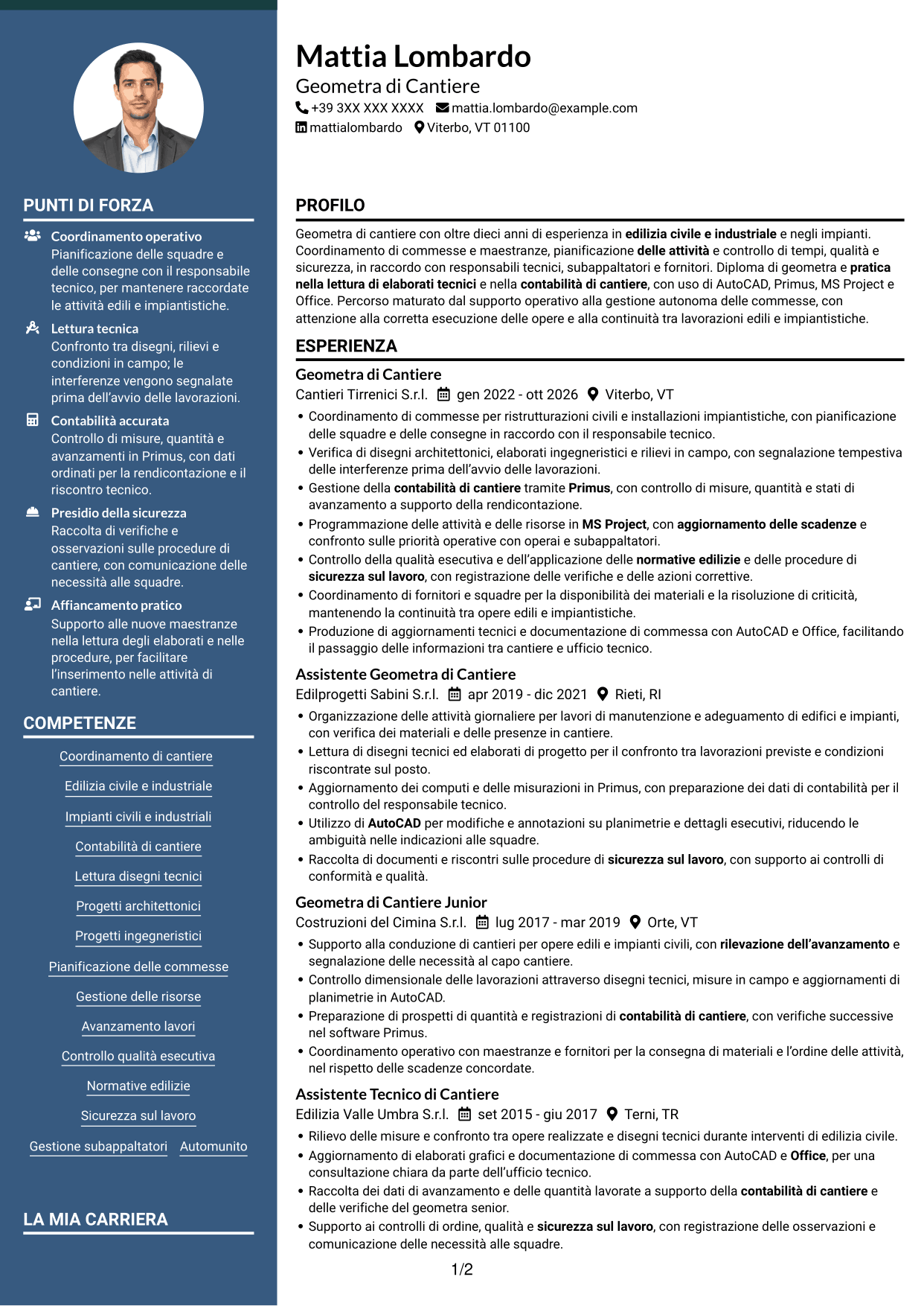 CV Elegante (formato con colonna laterale colorata e foto): Geometra di Cantiere - Impianti Civili e Industriali, pagina 1