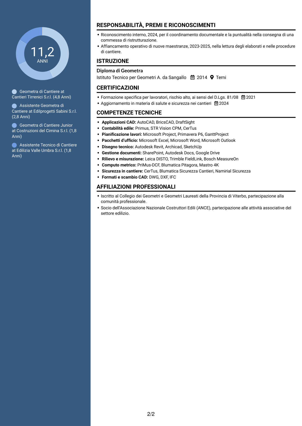 CV Elegante (formato con colonna laterale colorata e foto): Geometra di Cantiere - Impianti Civili e Industriali, pagina 2