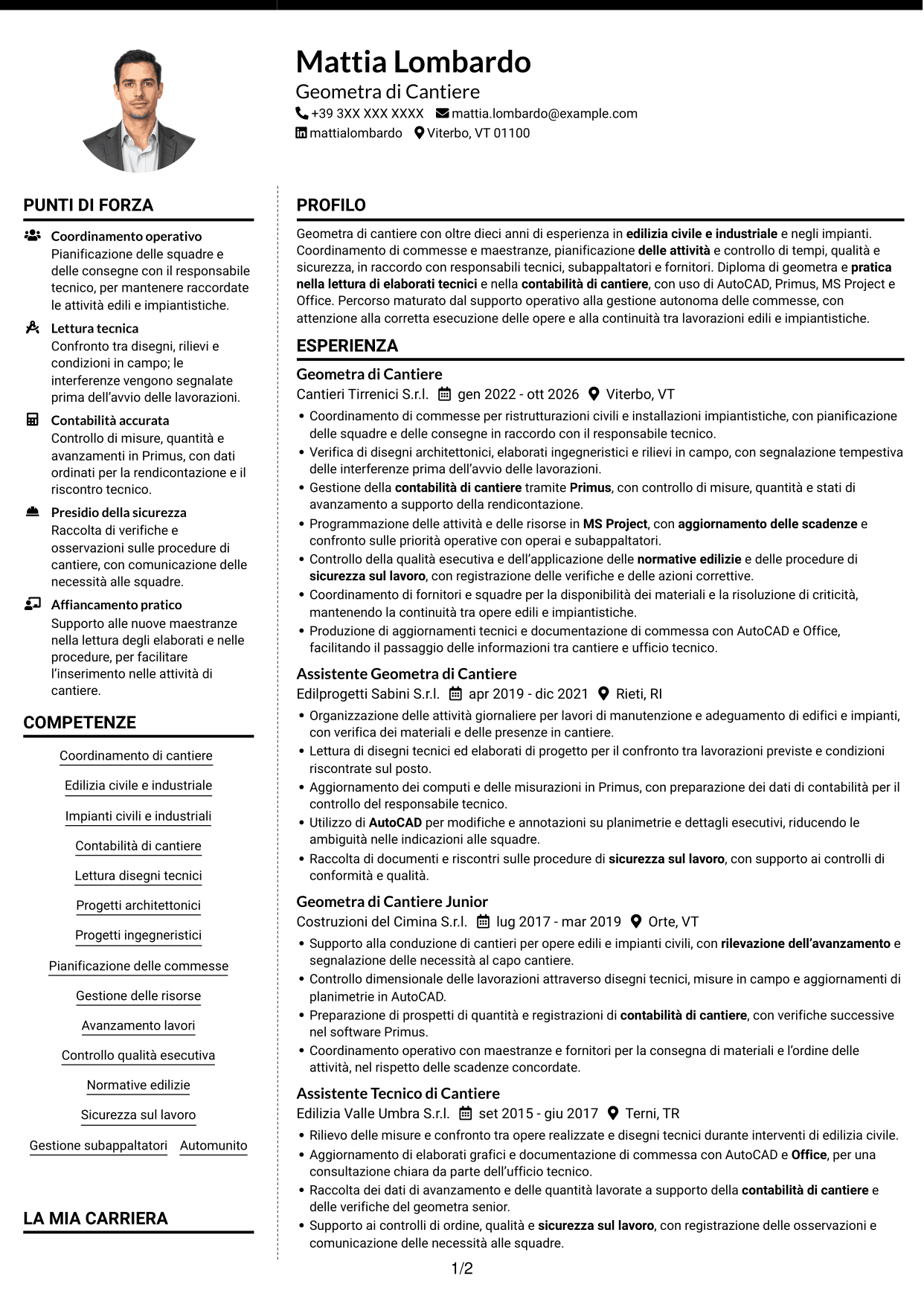 CV Moderno (formato a due colonne con foto a sinistra e separatore): Geometra di Cantiere - Impianti Civili e Industriali, pagina 1