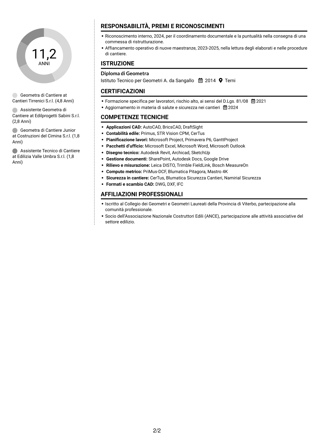 CV Moderno (formato a due colonne con foto a sinistra e separatore): Geometra di Cantiere - Impianti Civili e Industriali, pagina 2