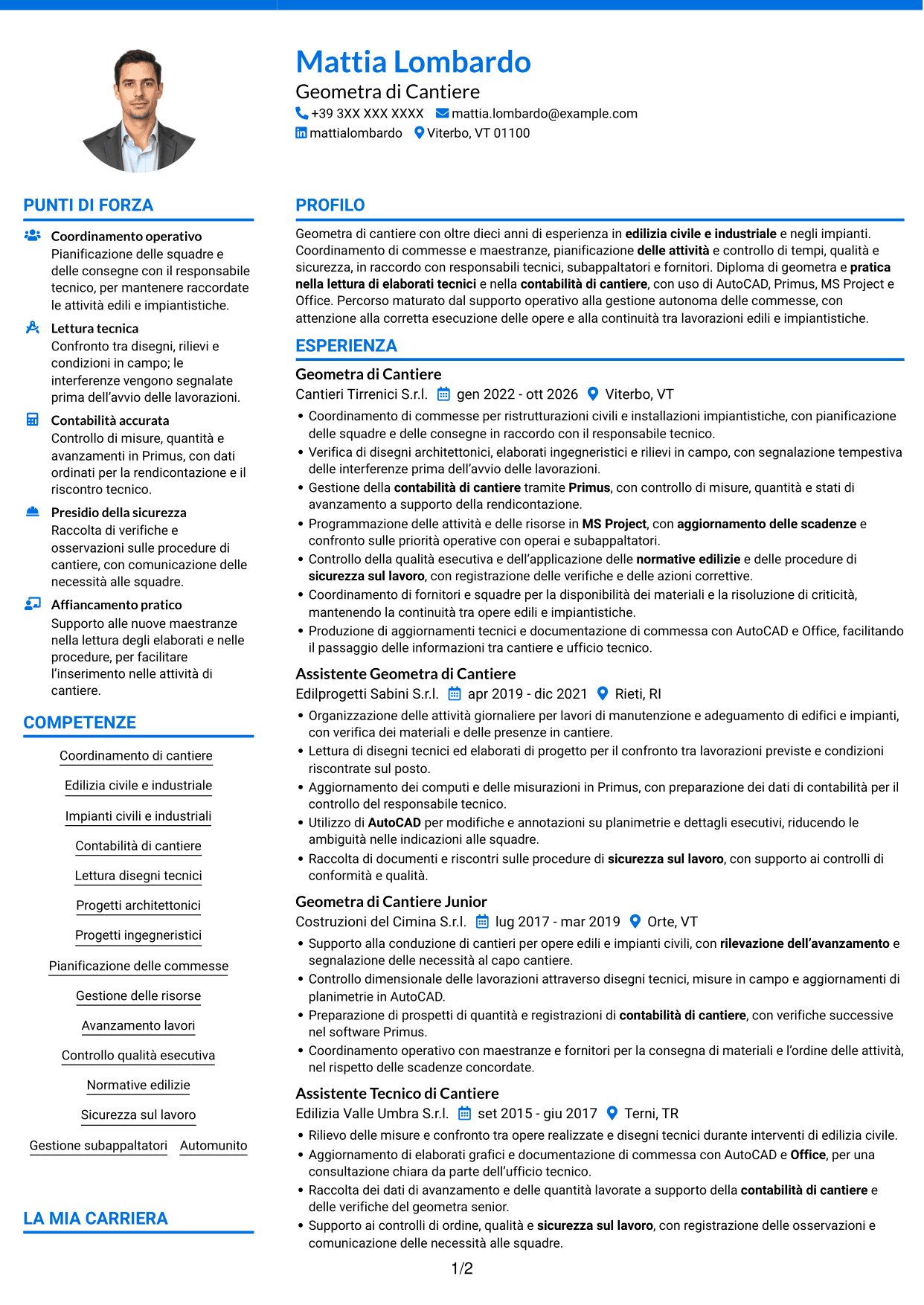 CV Audace (formato a due colonne con accenti colorati e foto): Geometra di Cantiere - Impianti Civili e Industriali, pagina 1