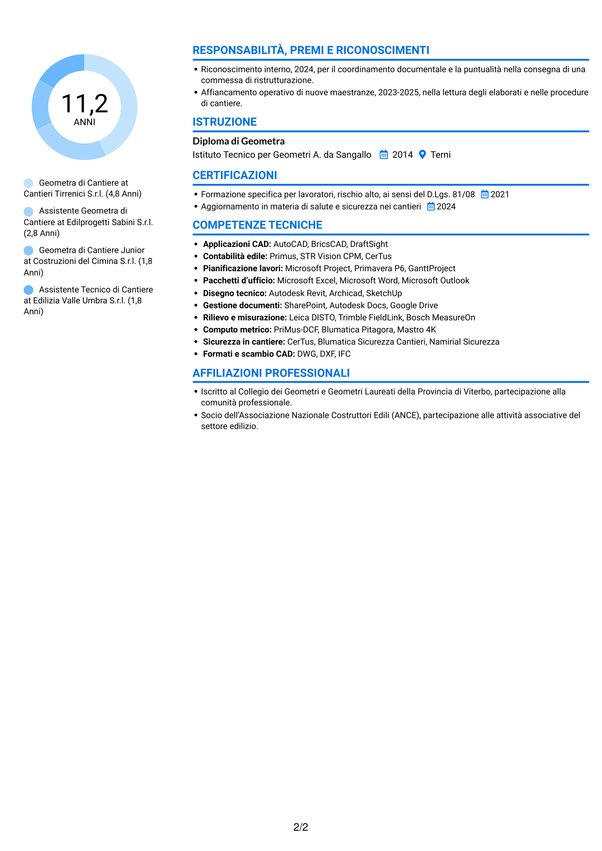 CV Audace (formato a due colonne con accenti colorati e foto): Geometra di Cantiere - Impianti Civili e Industriali, pagina 2