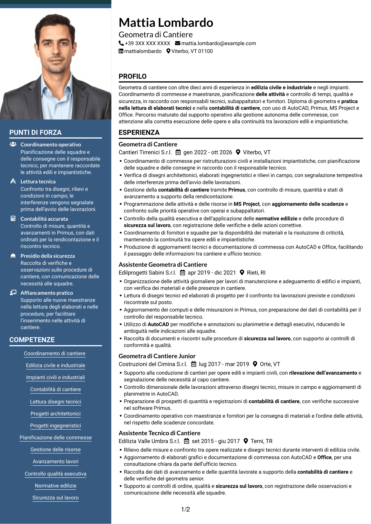 CV Signature (formato con colonna laterale colorata e foto grande): Geometra di Cantiere - Impianti Civili e Industriali, pagina 1