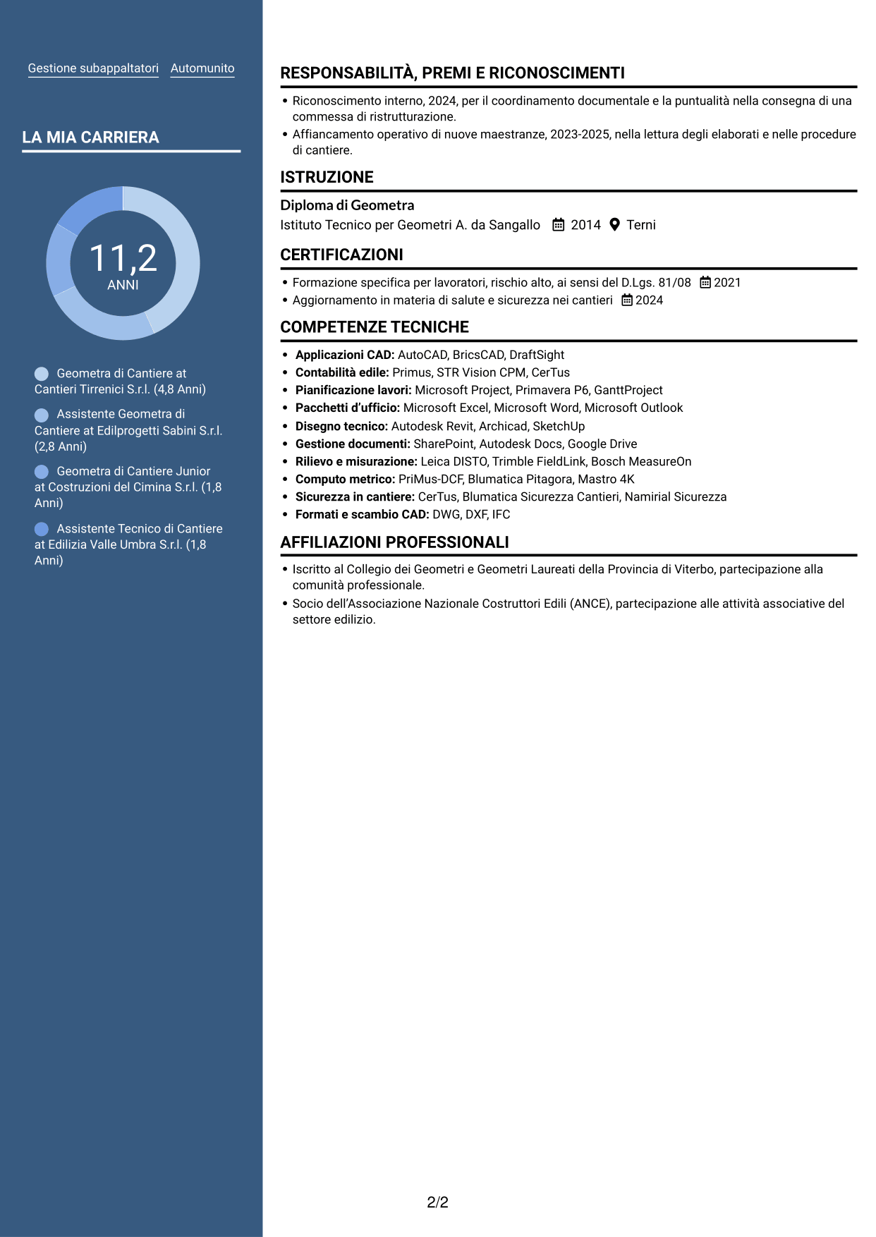 CV Signature (formato con colonna laterale colorata e foto grande): Geometra di Cantiere - Impianti Civili e Industriali, pagina 2