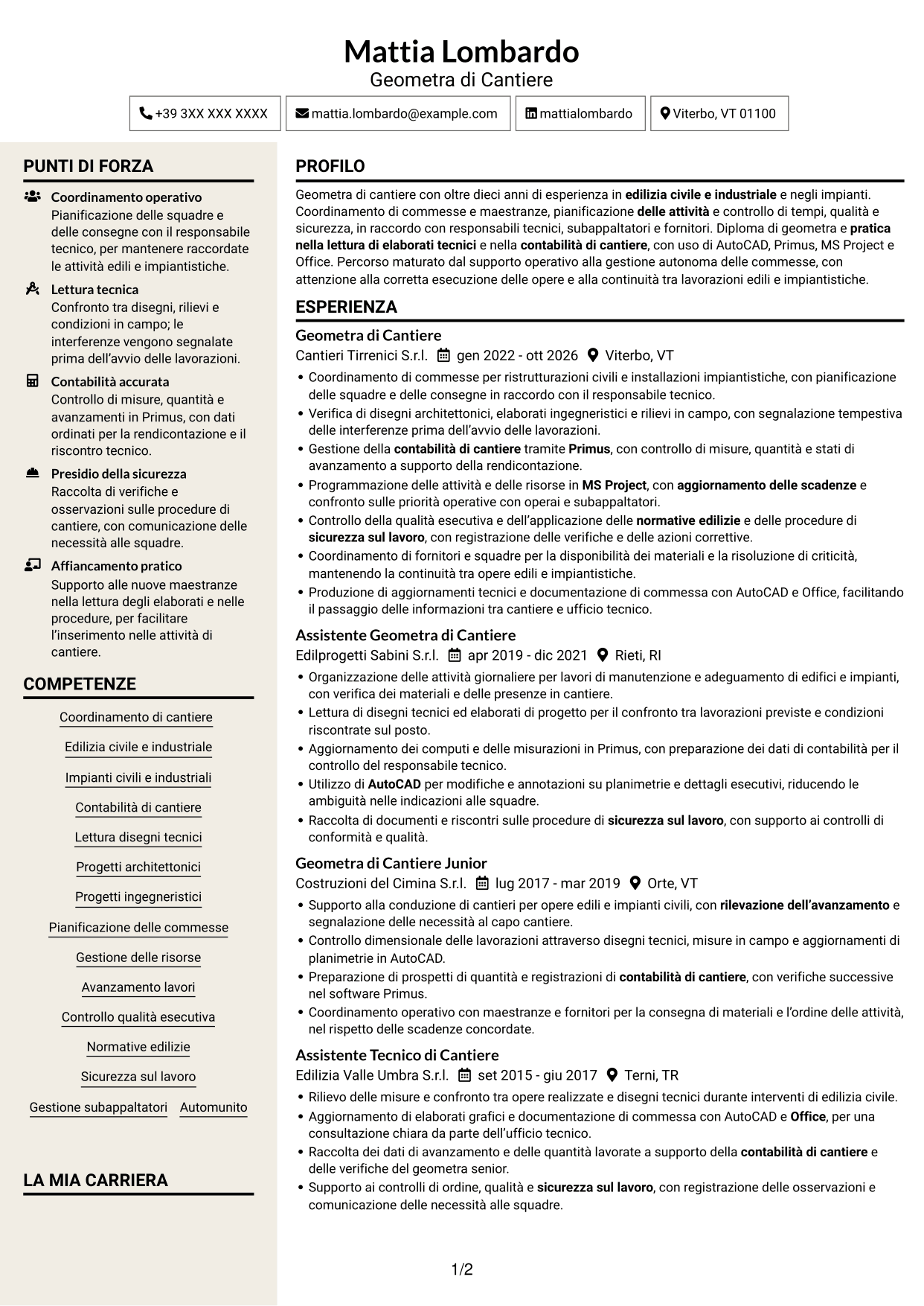 CV Intraprendente (formato a due colonne con intestazione centrata senza foto): Geometra di Cantiere - Impianti Civili e Industriali, pagina 1