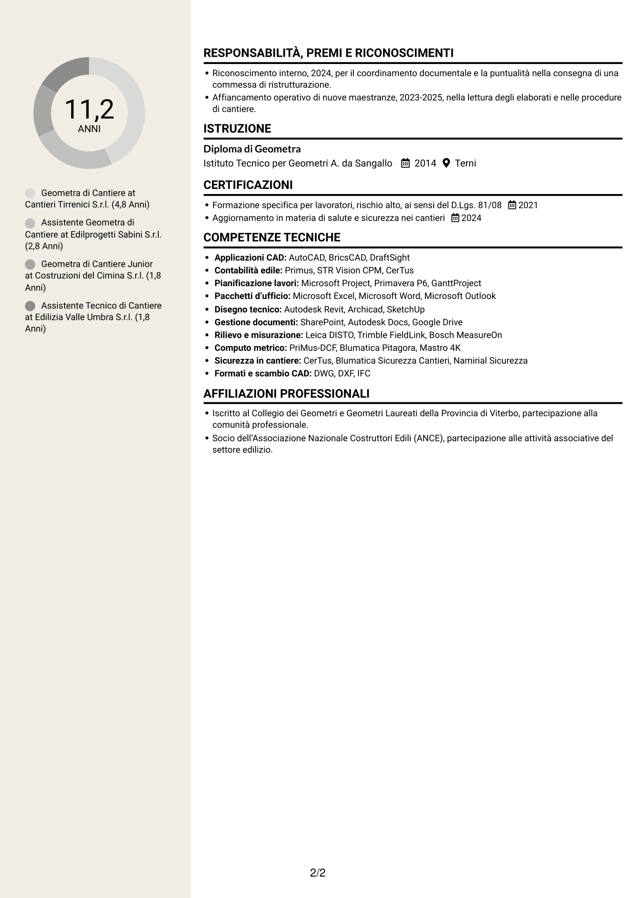 CV Intraprendente (formato a due colonne con intestazione centrata senza foto): Geometra di Cantiere - Impianti Civili e Industriali, pagina 2