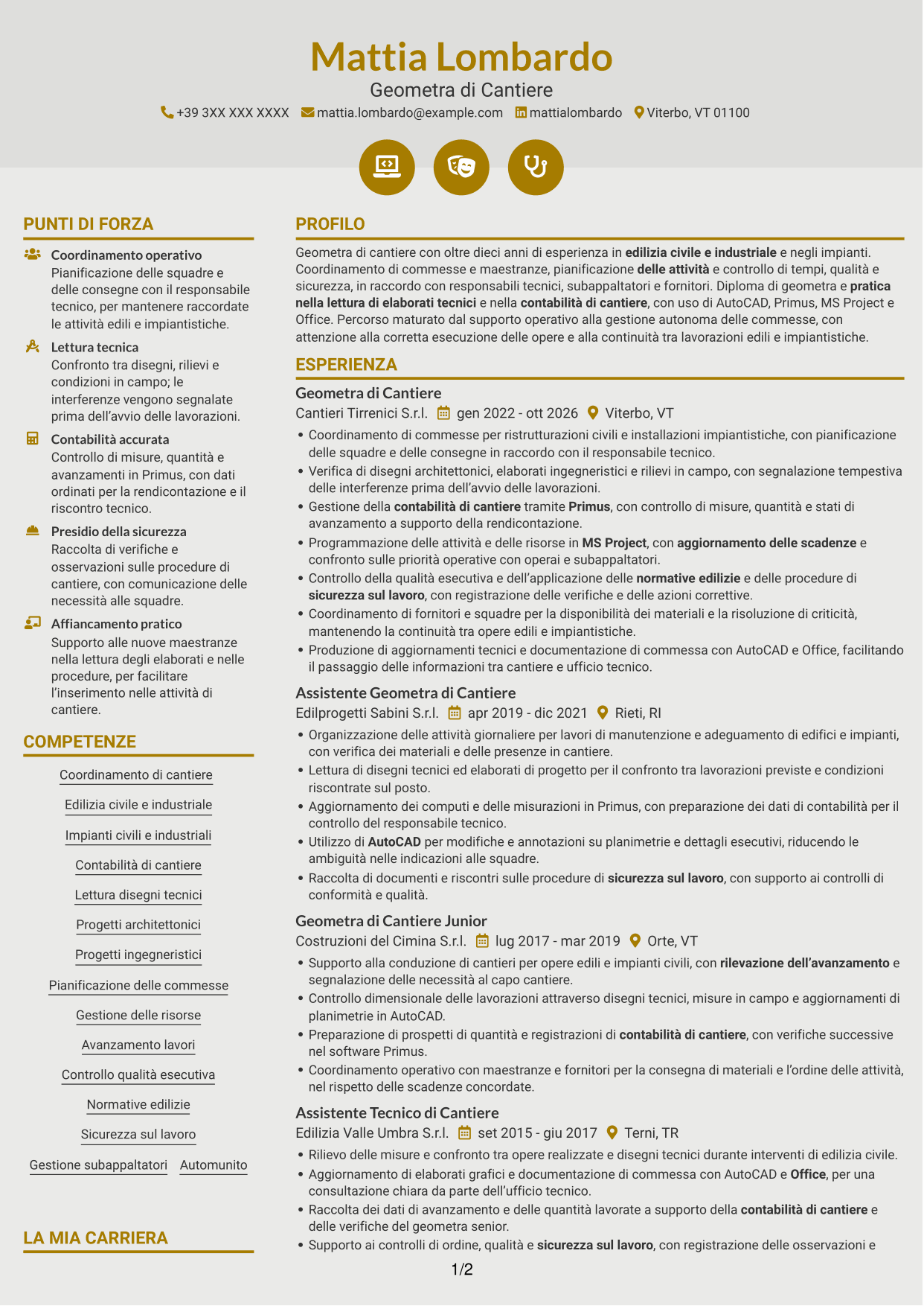 CV Dinamico (formato a due colonne con icone): Geometra di Cantiere - Impianti Civili e Industriali, pagina 1